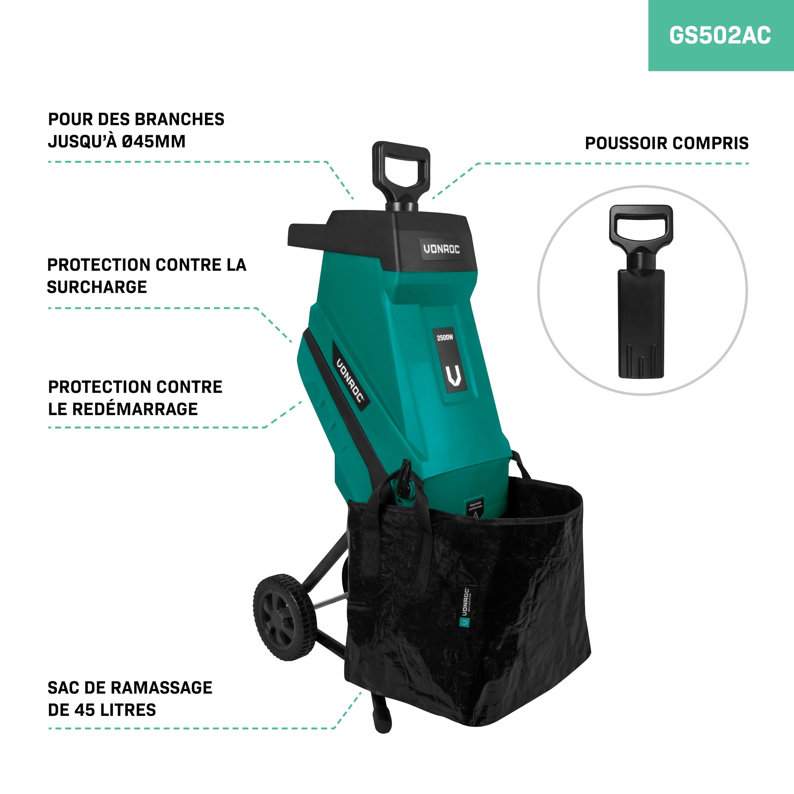 VONROC Broyeur de végétaux 2500W – Pour branches jusqu’à Ø45mm - Sac de ramassage de 45L et poussoir inclus -Silencieux et robuste - broyeur pour déchets de jardin - Fonction de sécurité