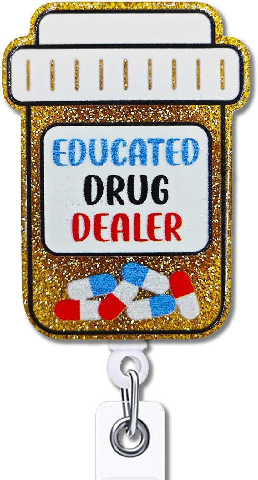 YAZMEEN Nurse Retractable Badge Reel with Alligator Clip Educated Drug Dealer ID Card Badge Holder for Pharmacist Funny Medicine Bottle Gold Glitter Badge Reel Gift for Pharmacy Nurse Doctor Student