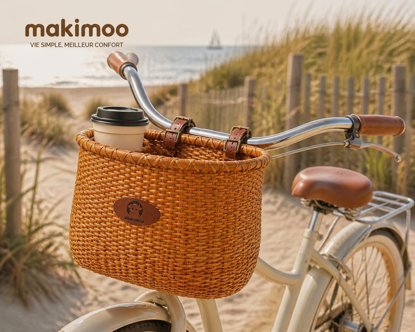 Panier de vélo en Osier Naturel pour Femme avec Porte-gobelet intégré pour Guidon Avant, Style Vintage Classique, Fait à la Main