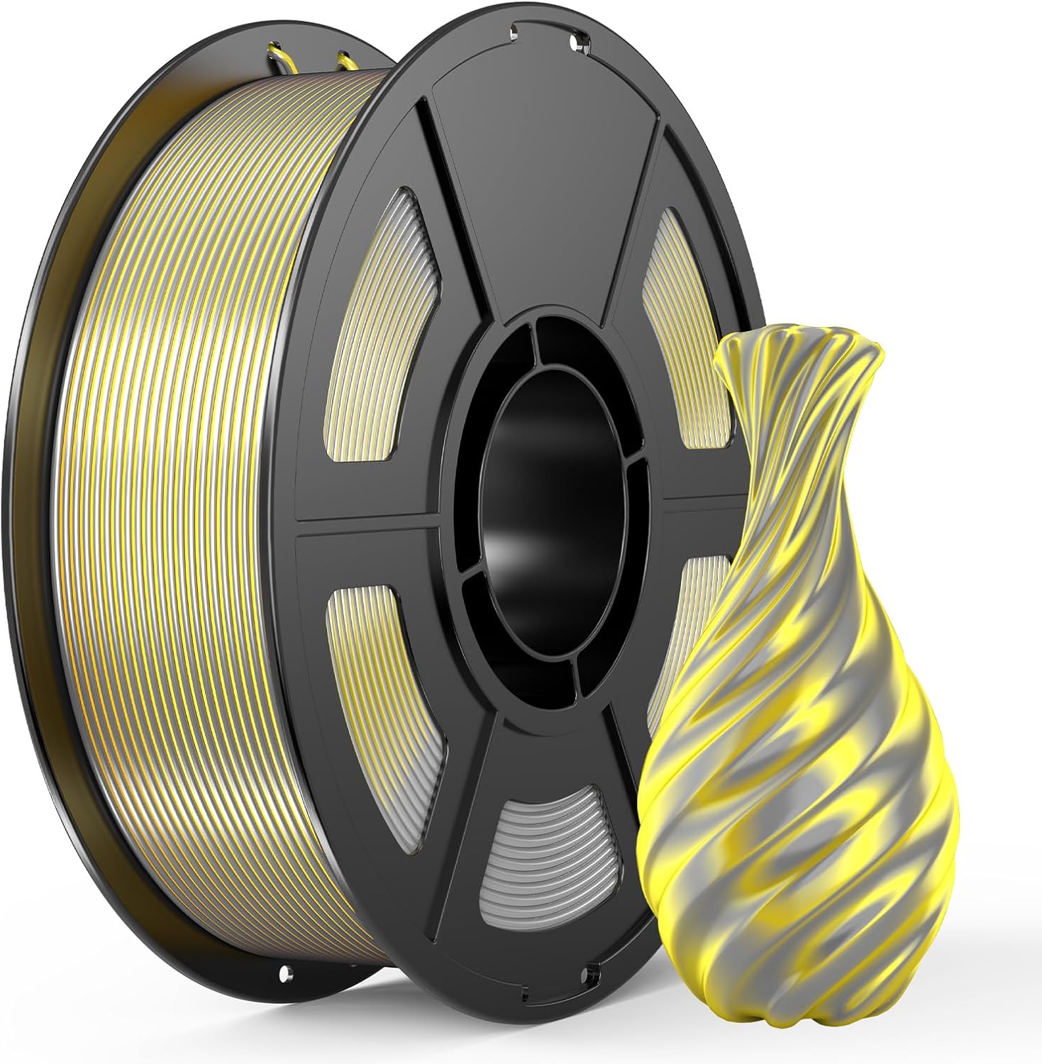 IEMAI Silk PLA+ Dual-Color 3D Printer Filament 1.75mm, 2-in-1 Coextrusion Color Change, +/- 0.02mm Dimensional Accuracy, 1KG Spool (2.2lbs), Compatible with Most FDM Printers, Silk Gold Silver