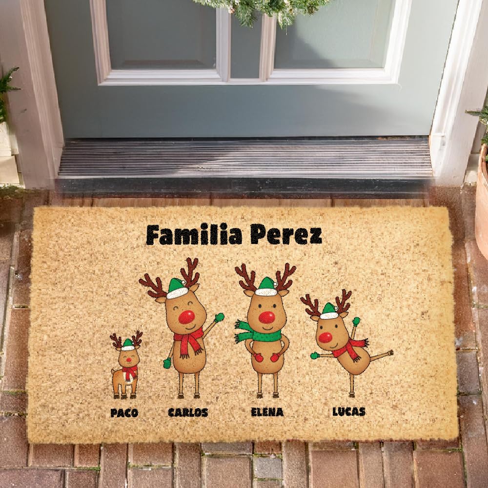 Transparent Gift Felpudo Personalizado con Nombres Renos. Alfombra Entrada Casa. Felpudos Personalizados. Decoración de Navidad. Regalos Originales para Familia. Fibra de Coco y Base Antideslizante