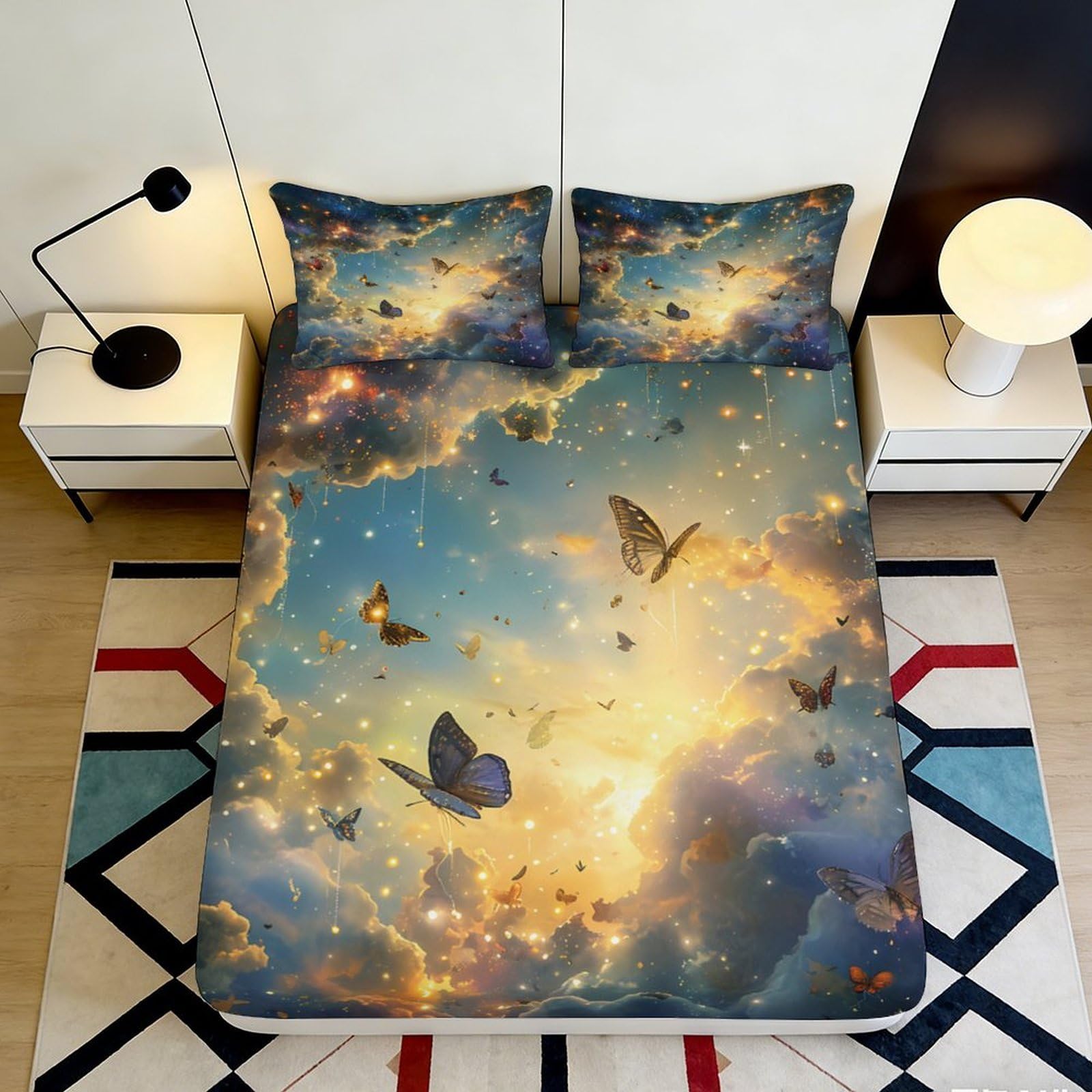 3D Printed Butterfly Sky Fitted Sheet Microfiber Soft Breathable Dream Clouds Mattress Cover Bedroom Decor 90x200x25cm