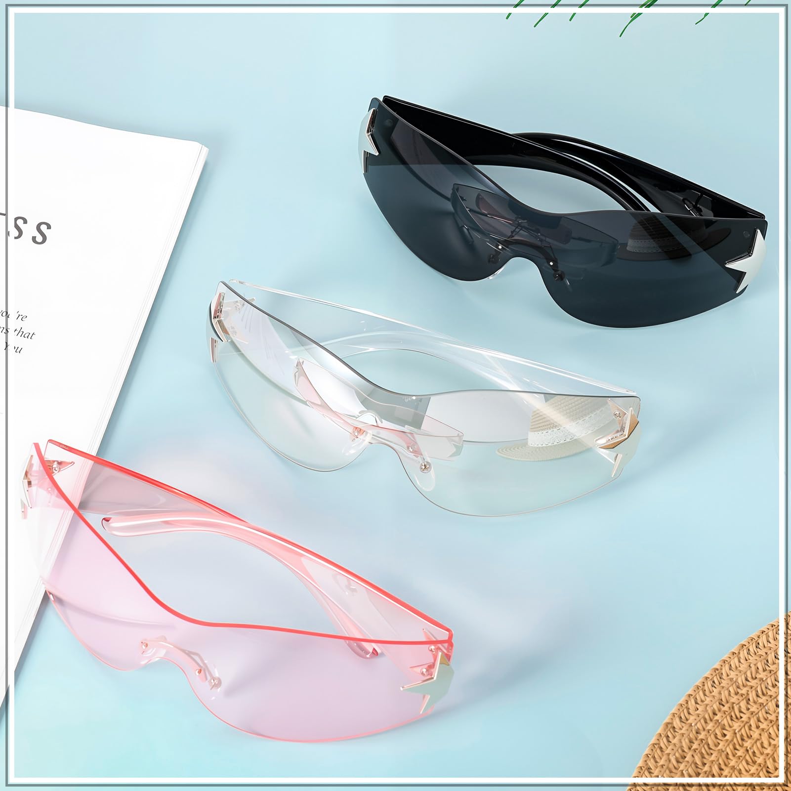 Ovveroche 3 Pairs Y2K Sunglasses for Women Men Trendy Shield Wrap Around Sun Glasses Oversized Fashion Frameless Glasses: Black, Pink, Transparent Sliver