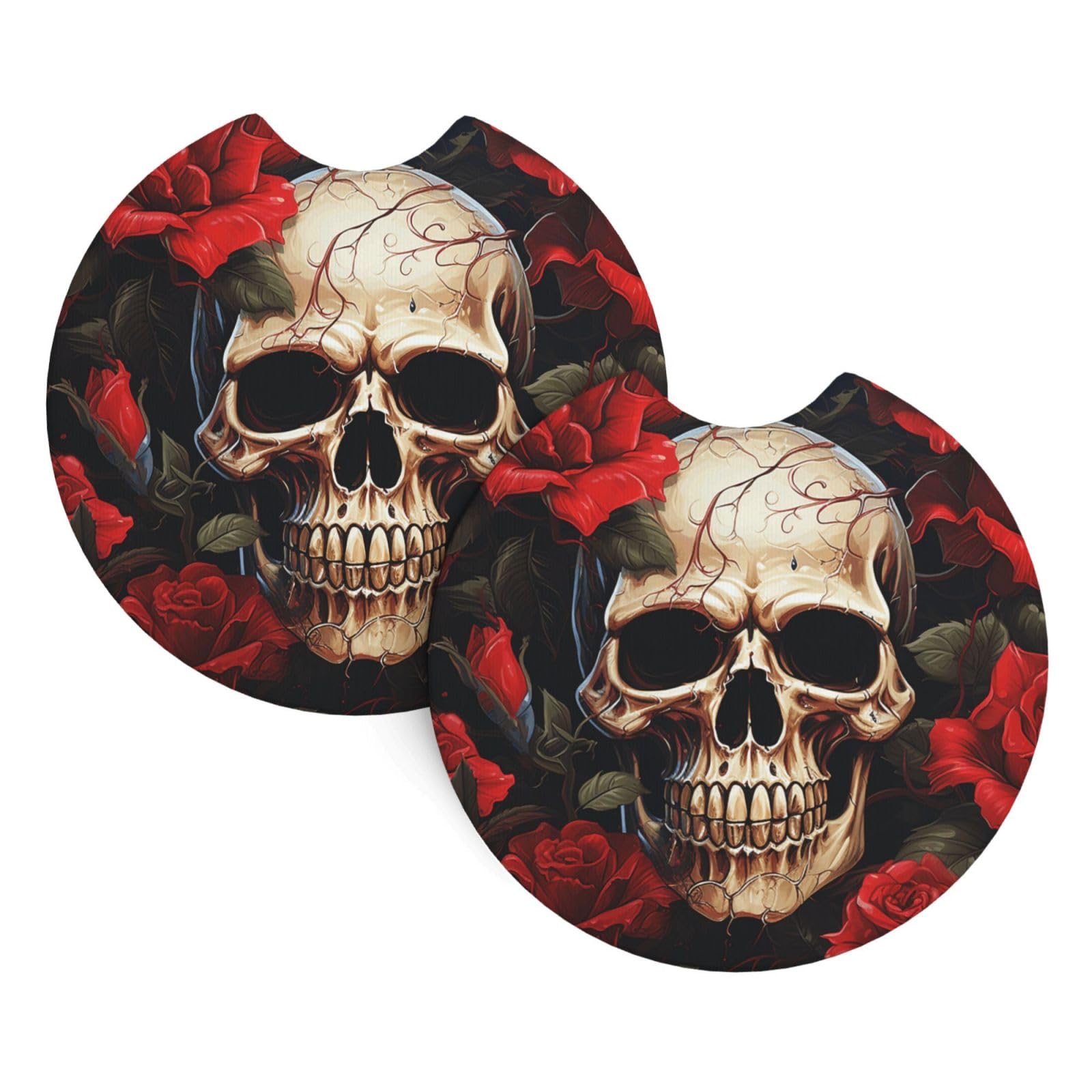 2PCS Car Coaster for Cup Holders Universal Auto Cup Mat Skull Rose-Red Cup Coaster Pad 2.7" Waterproof Neoprene Non-Slip Cup Holder Coasters Car Interior Accessories for Women Men