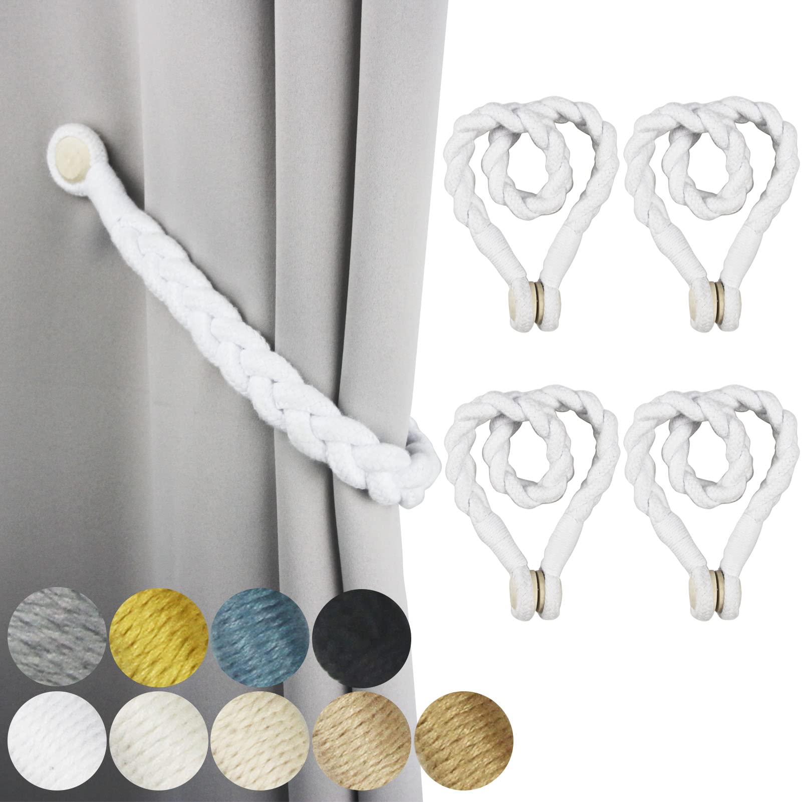 Porlau 4 Pack White Magnetic Soft Curtain Tiebacks Cotton Hand-Woven Tieback Holdback Home Decorative Tie Backs with Durable Wooden Buckle for Home Office Decor