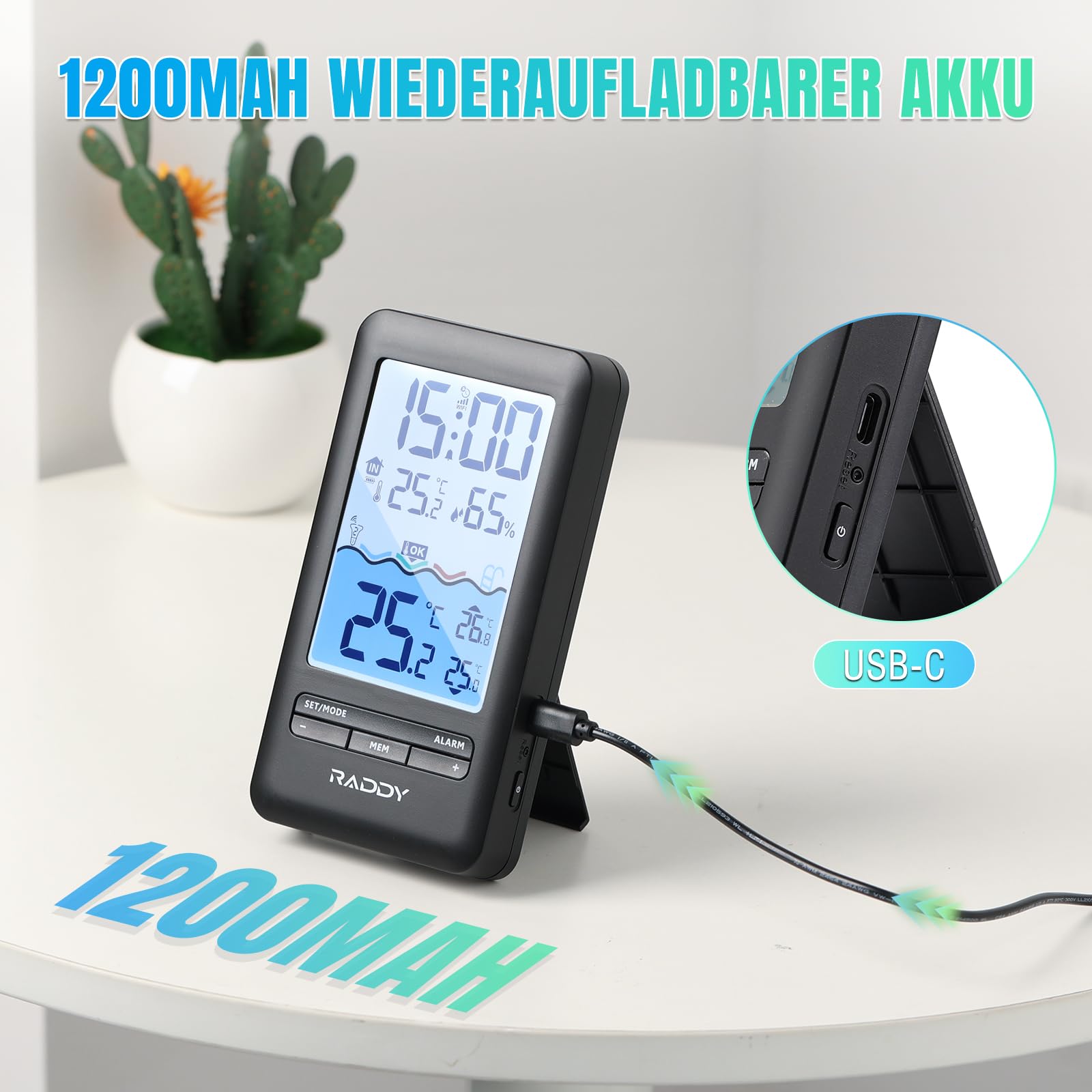Raddy PT-5 WiFi Poolthermometer, Kabelloser Schwimmender Sensor mit Innenanzeige, App-Fernüberwachung, IPX8 Wasserdicht, Solar- und USB-C-Aufladung, für Pool, Whirlpool, Spa