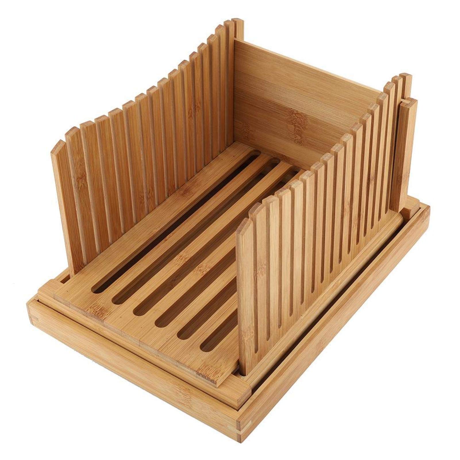 Cortador de pan de bambú con recogedor de migas, guía de corte plegable y compacta para tostadas, pasteles, bagels, sándwich, ideal para entusiastas de la cocina y la repostería