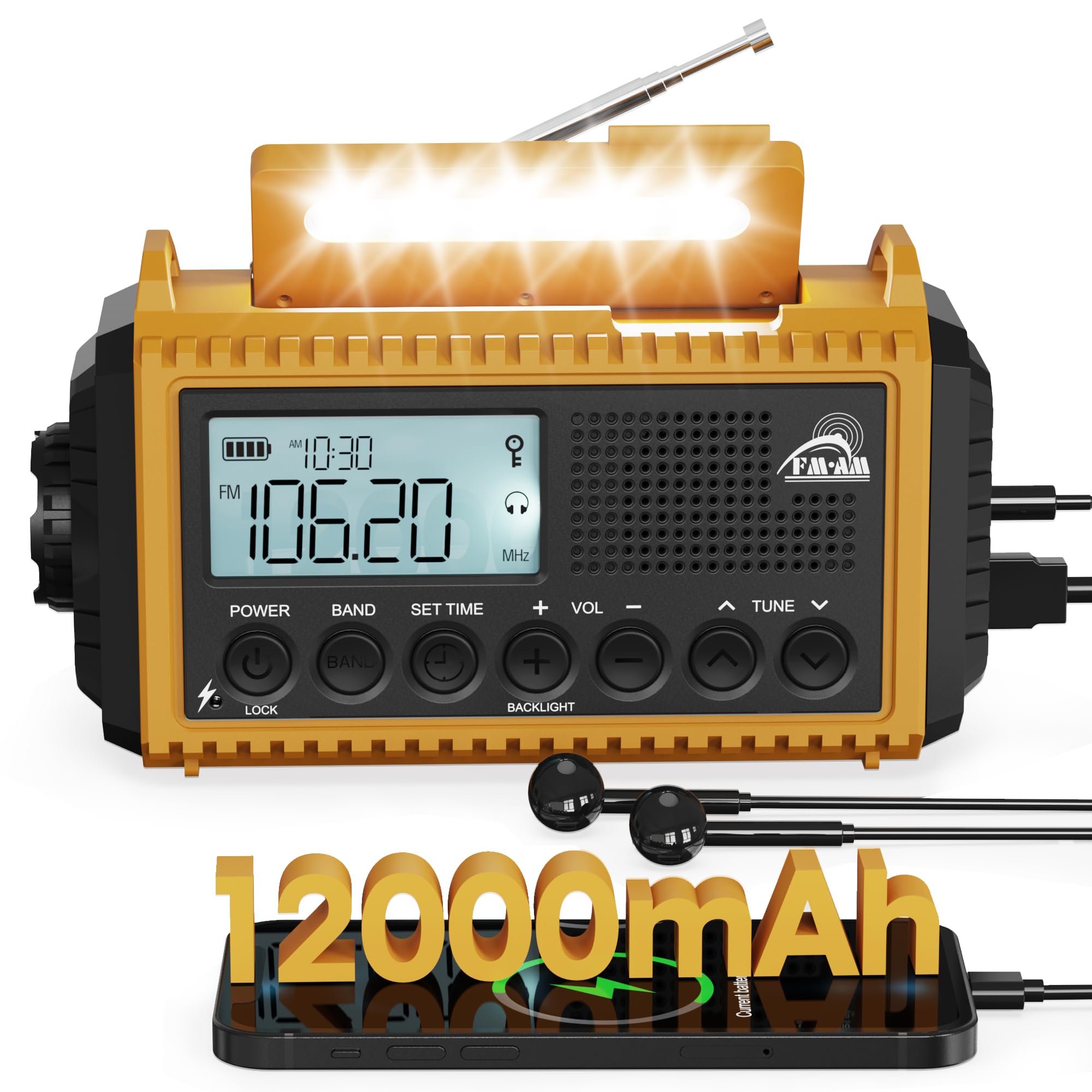 Kurbelradio, 12000mAh Notfallradio, Camping Radio mit Kurbel & Solar, AM/FM | Taschenlampe & Leselicht, LCD-Display, USB-C, SOS, IPX6, Weltempfänger Radio, Tragbare Radio für Notfälle, Blackout, Outdoor