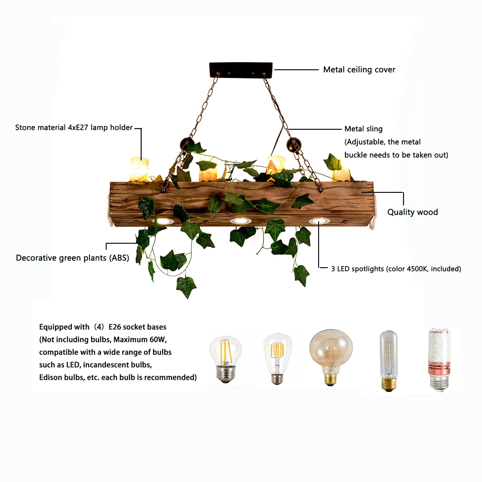Vintage Pendellampe Industrielampe Kreatives Design Hängeleuchte mit Dekorative grüne Pflanzen Holz Pendelleuchte E27 Deckenlampen Retro für Cafe Bar