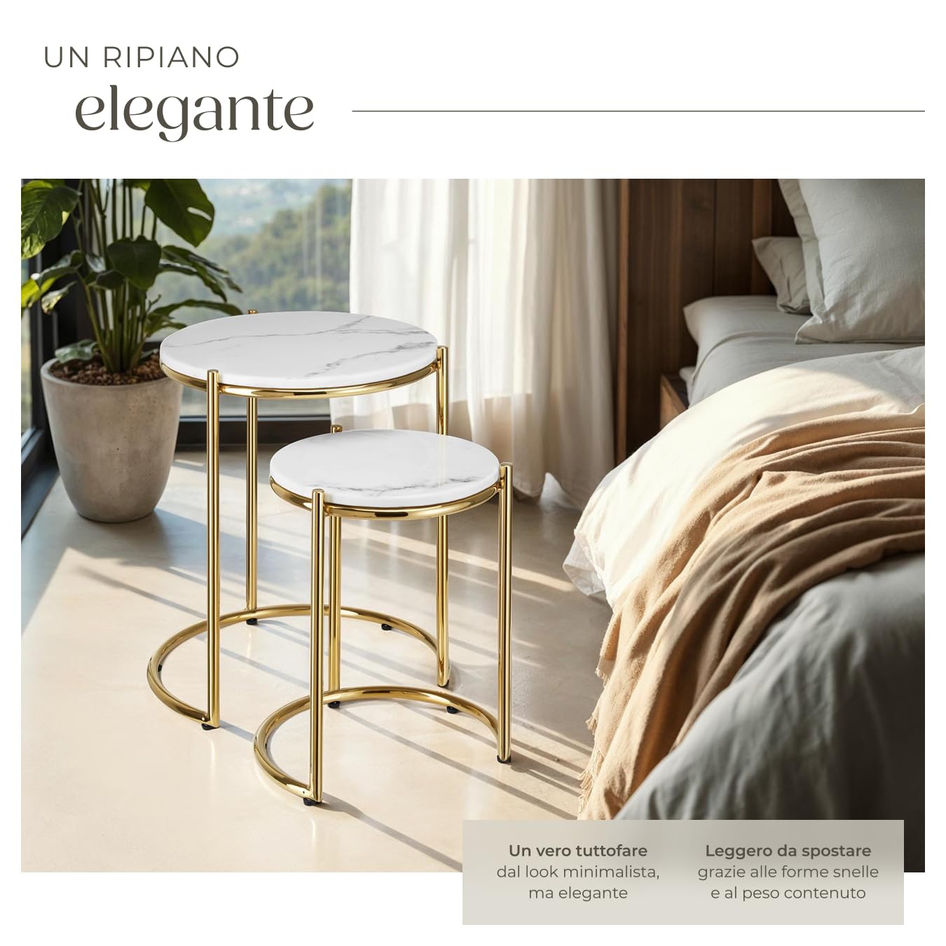 tectake® Set di 2 tavolini salotto in marmo, base in metallo, tavolino da caffè, tavolo basso rotondo, tavolino basso in marmo moderno per salotto, soggiorno,metallo, tavolo da balcone - Bianco/Oro