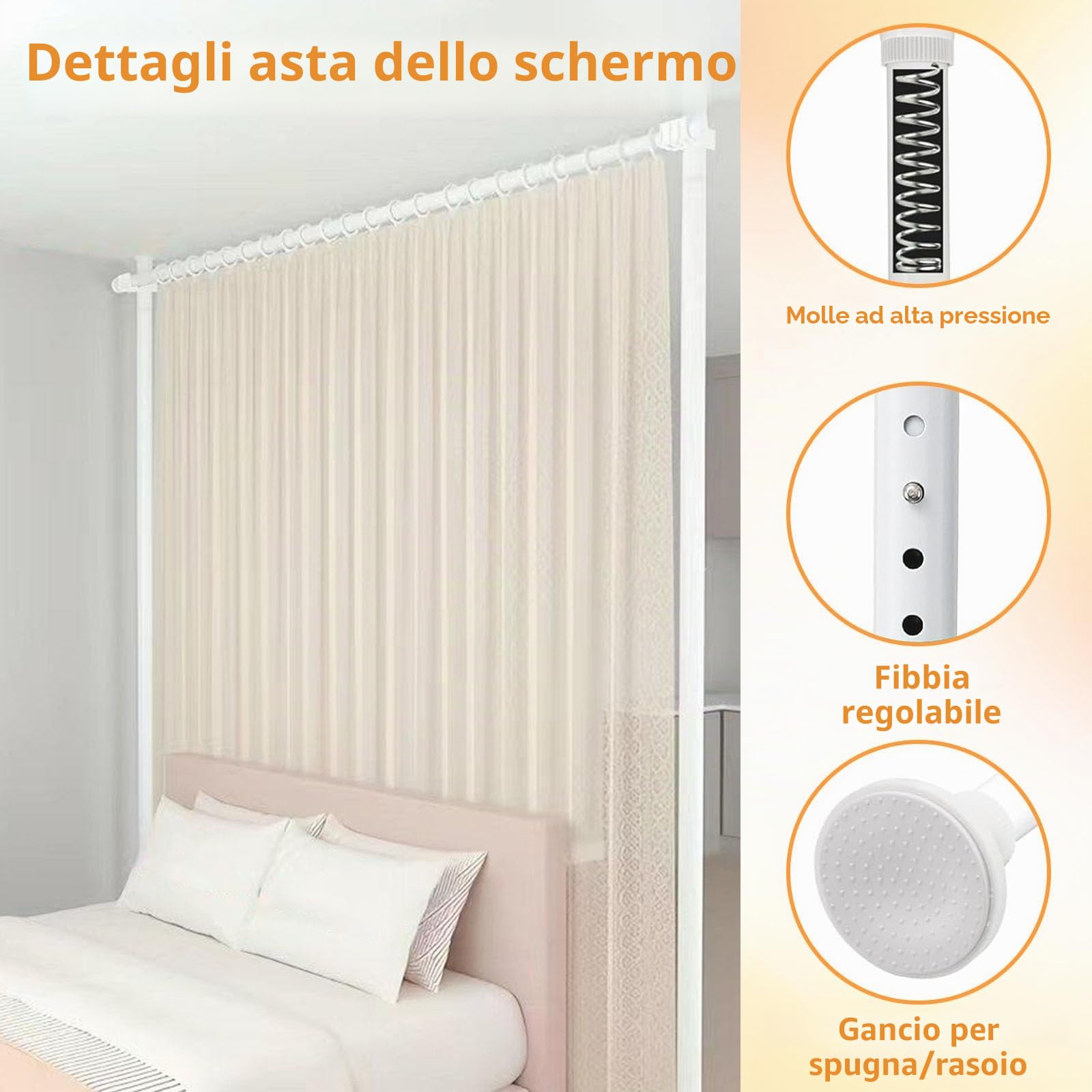 separè per interni, Regolabile asta per tende da pavimento, Separe Divisorio Interno, 122-305 cm * 71-180 cm, Bastoni per tende divisori senza tenda, per soggiorno e camera da letto- Bianco
