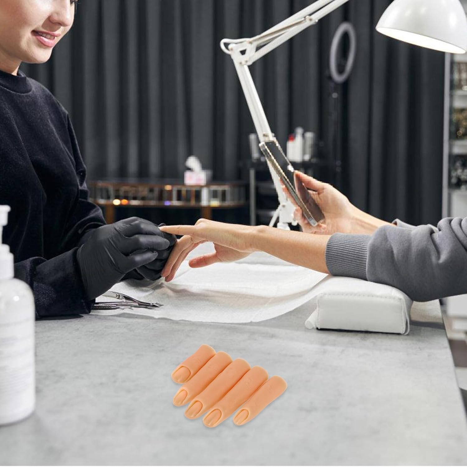 FUOYLOO 5Pcs Light Brown Silicone Nail Art Practice Fingers with Jointed Design and Insertable Tips Realistic Mannequin for Nail Display Photography