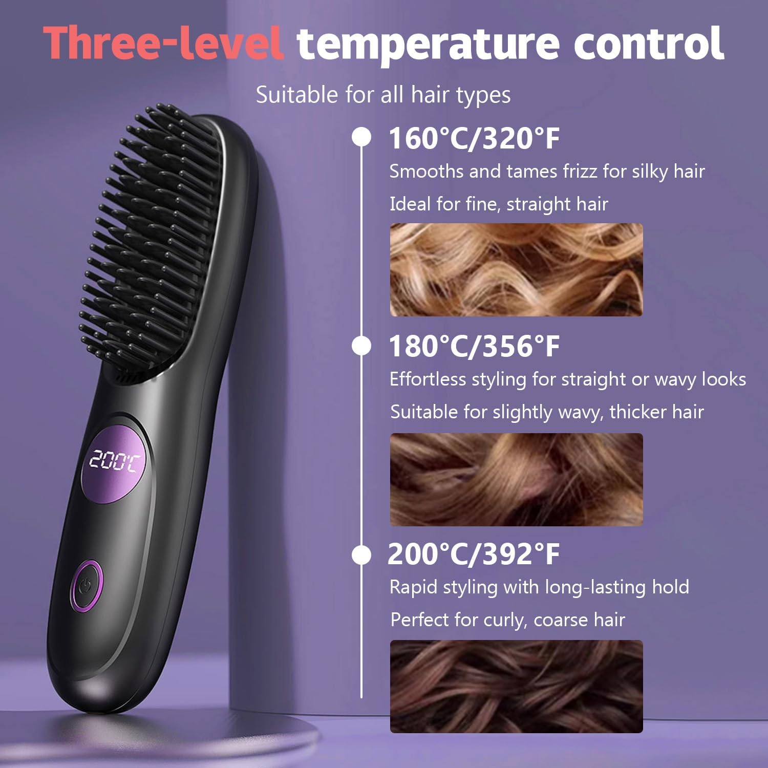 Cordless Hair Straightener Brush Pro, 2026 Upgraded Portable Hair Straightener, Type-C Fast Charging MCH Heating with 3 Temperature Settings, Ionic & Ceramic Care, Travel Styling Tool (Black)