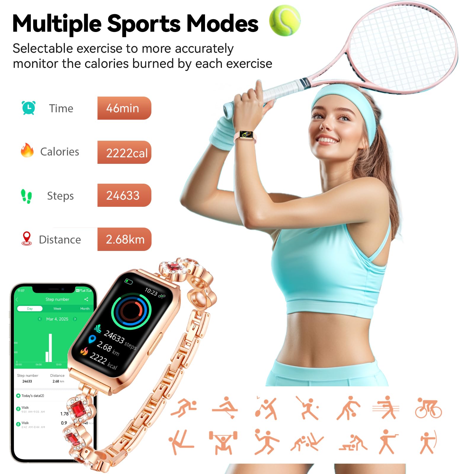 Resoponda Reloj Inteligente Mujer con Whatsapp Notificación, Fitness Tracker Monitor de sueño frecuencia cardíaca SpO2, Smartwatch Mujer con Batería de Larga duración para Android/iOS