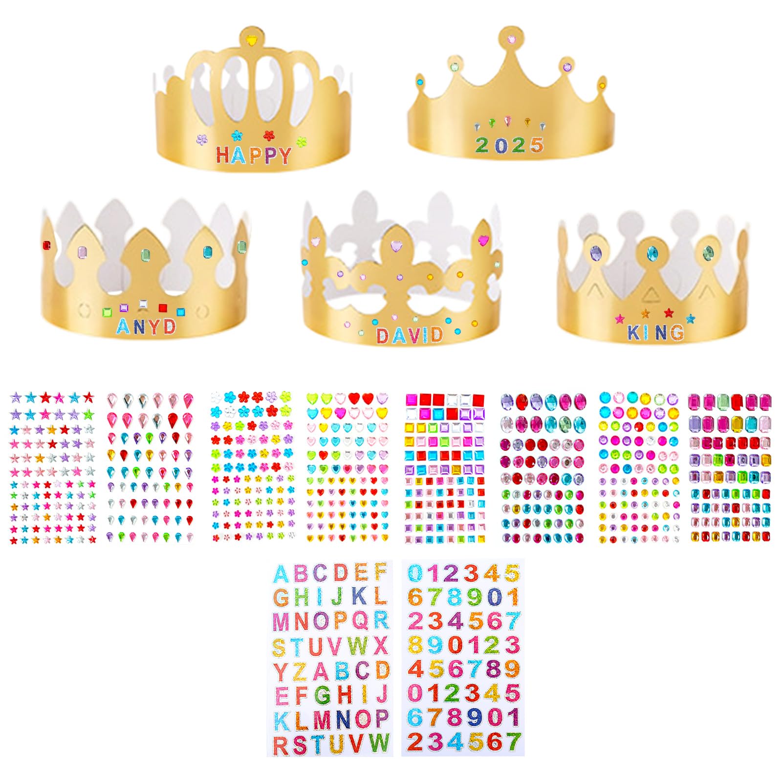 XDGBGFN 25 Pieces Paper Crown Party Hats Golden with 635 Gem Jewels Stickers 960 Alphabet Number Stickers Princess Prince Princess Prince 5 styles Crown