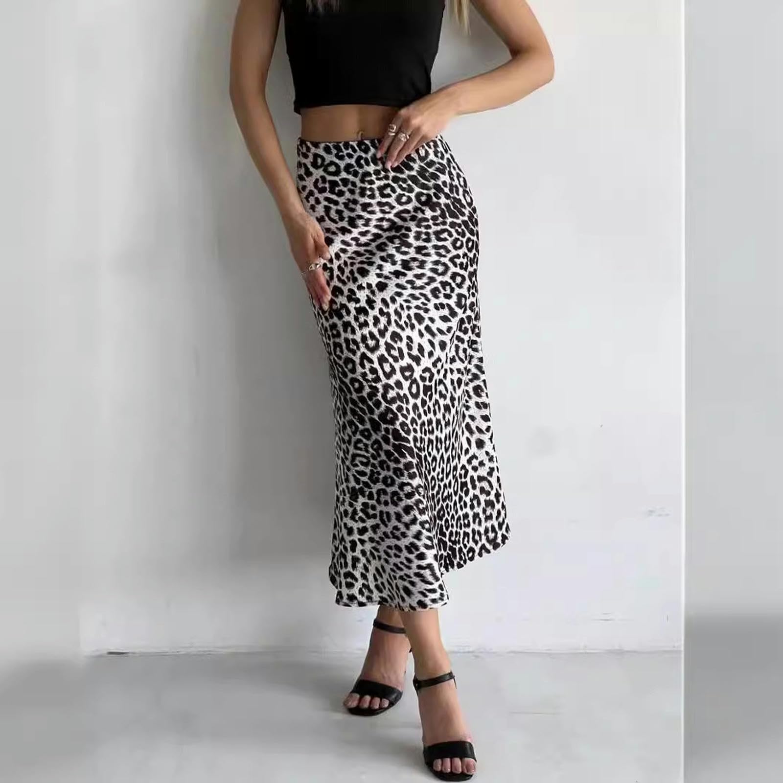 Jupes Femme Jupe Maxi À Imprimé Léopard en Satin Féminin - Jupe Longue Élastique Haute Taille pour Vêtements Décontractés Et en Soirée-Blanc-XL