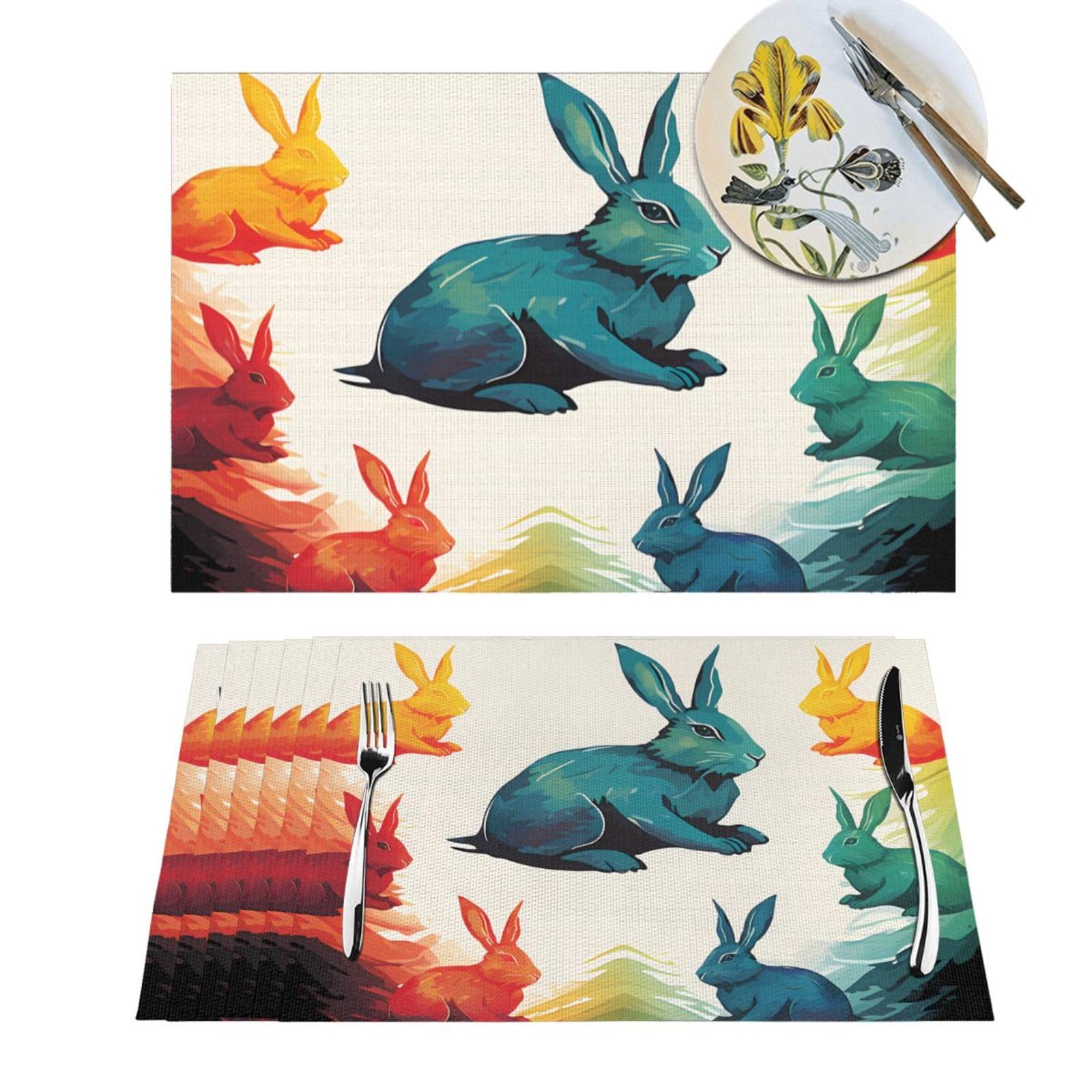 Set de table lapin arc-en-ciel en PVC pour des repas de famille joyeux x6