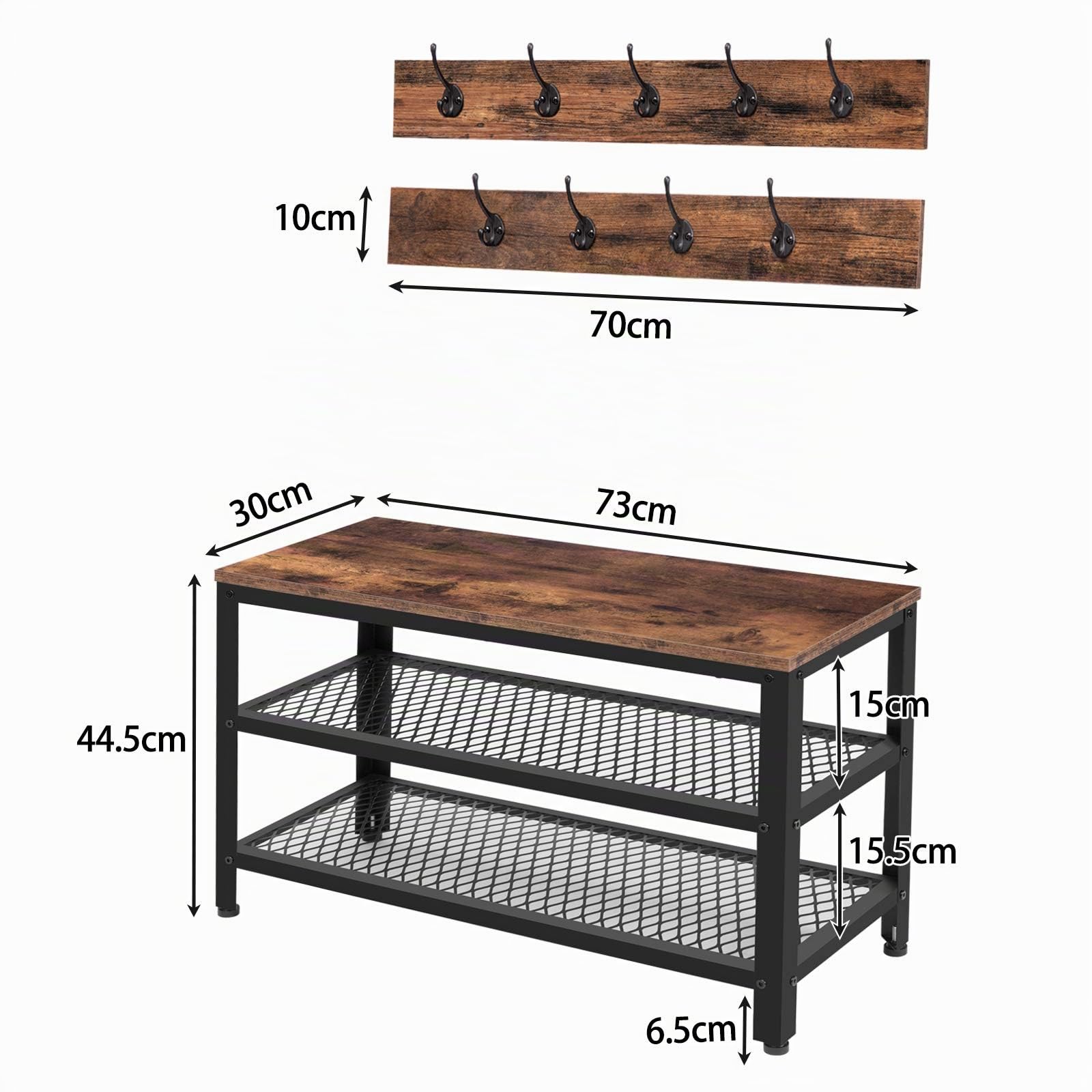 HOOBRO Garderobe Schuhbank Set, Schuhregal, Garderobenleiste mit Ablage und 9 Haken, garderobenset, Industriestil, Metallgestell, Flur, Eingangsbereich, Dunkelbraun-Schwarz EBF17MT01