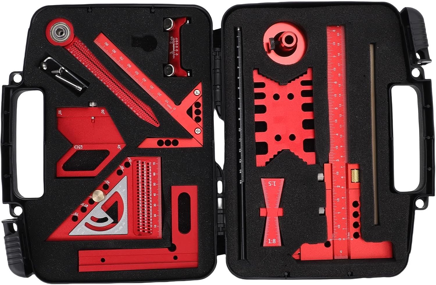 Fabater Woodworking Layout Tools, 9Pcs Aluminum Alloy Rulers Hard Wear Proof Multi Functional, Woodworking Measurement Tool Kit with Storage Box for Marking Measuring Scribing Wood Board