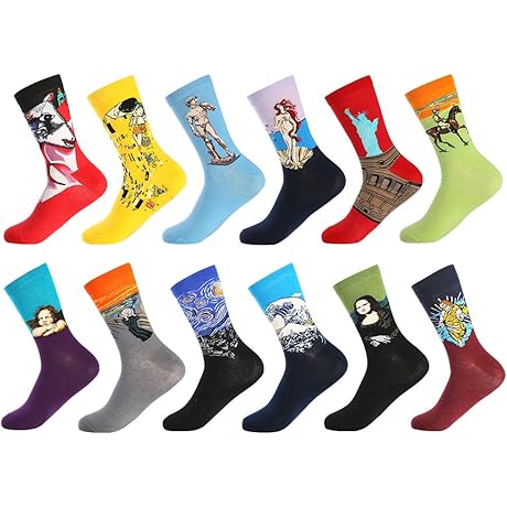 Men's Colorful Fun Art Dress Crew Socks Pack Crazy Novelty Gift Socks