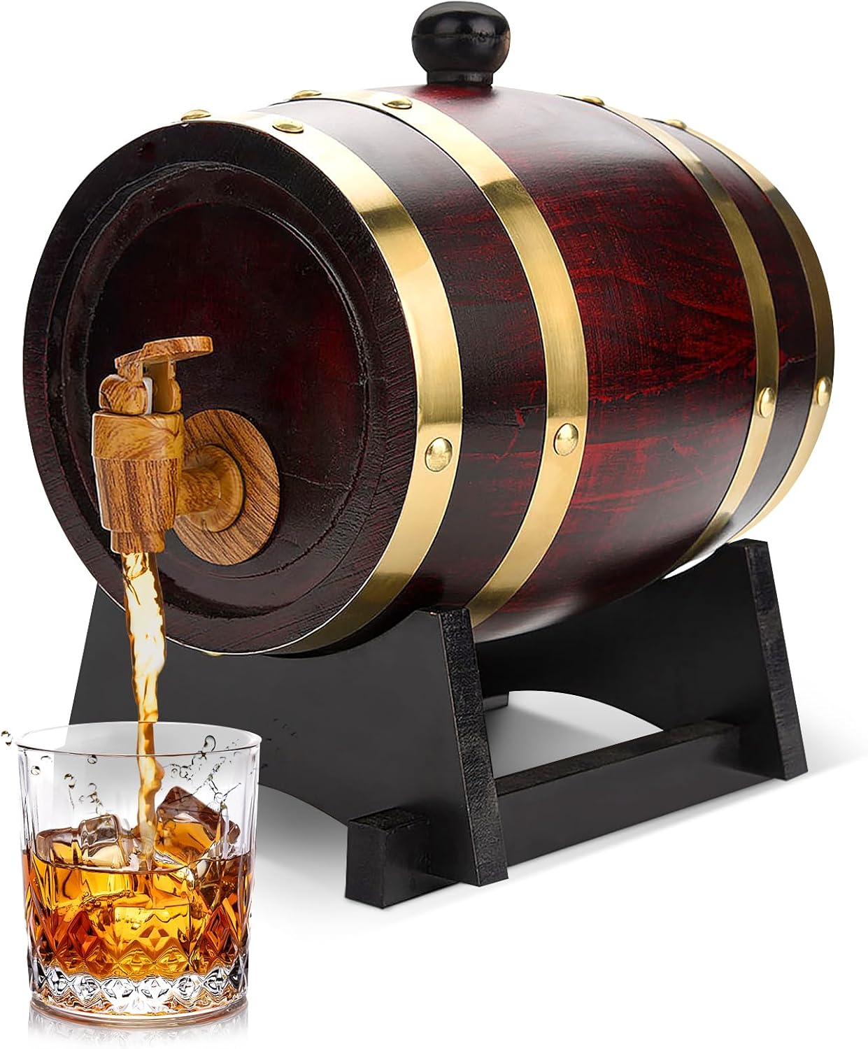 Oak Barrel Wooden Wine Schnapps Ageing Timber Storing Barrel with Holder Built-in Aluminum Foil Liner for Storing Beer Wine Bourbon Brandy Hot Sauce & More 1.5 L / 3 L (Wine red, 1.5L)