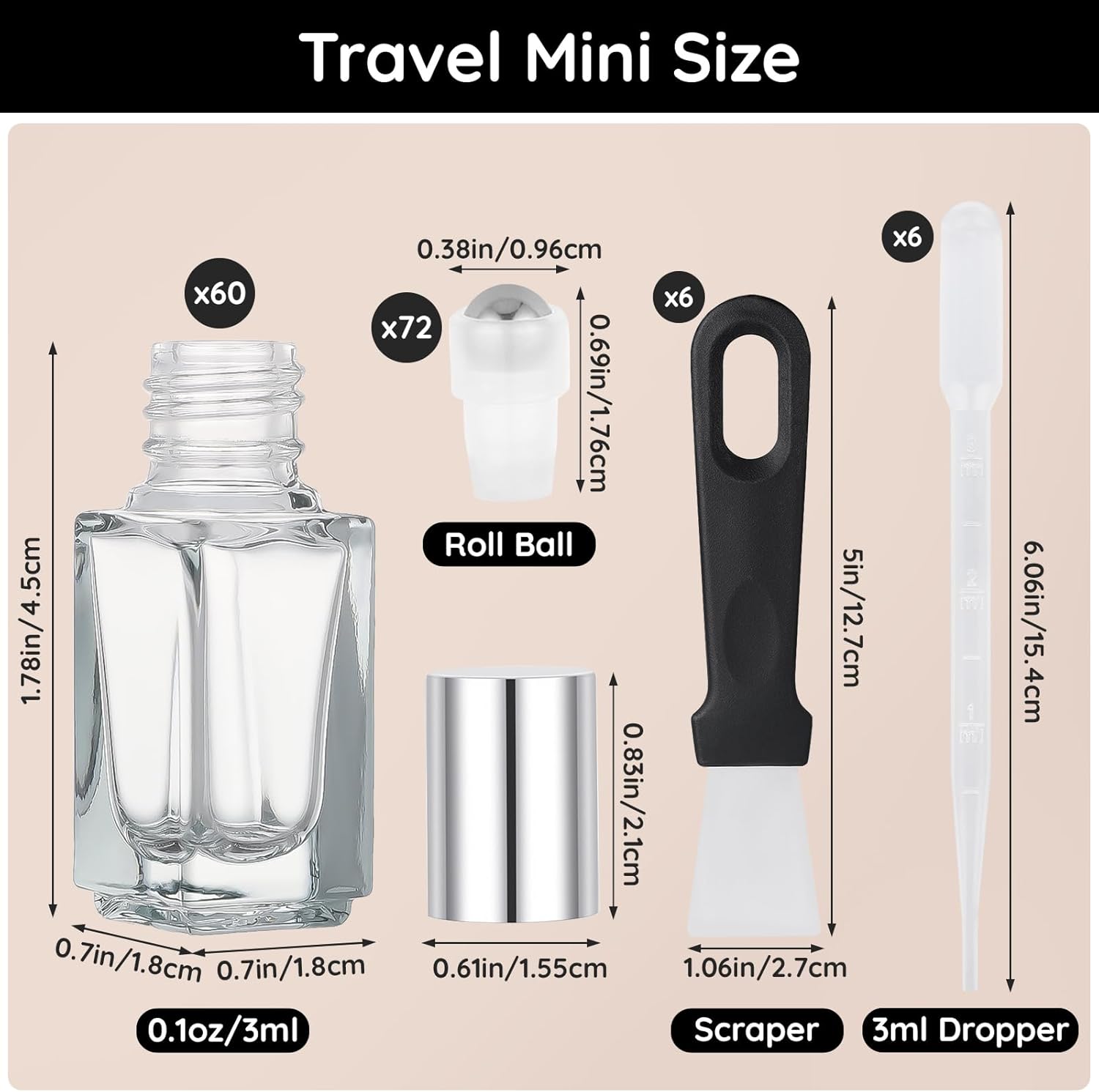 Segbeauty 60pcs 0.1oz Bulk Glass Rollerball Bottle for Perfume Oils, Gray Travel Roller Bottles for Essential Oils, 3ml Mini Travel Refillable Roller Ball Applicator, Small Glass Empty Roll On Bottles