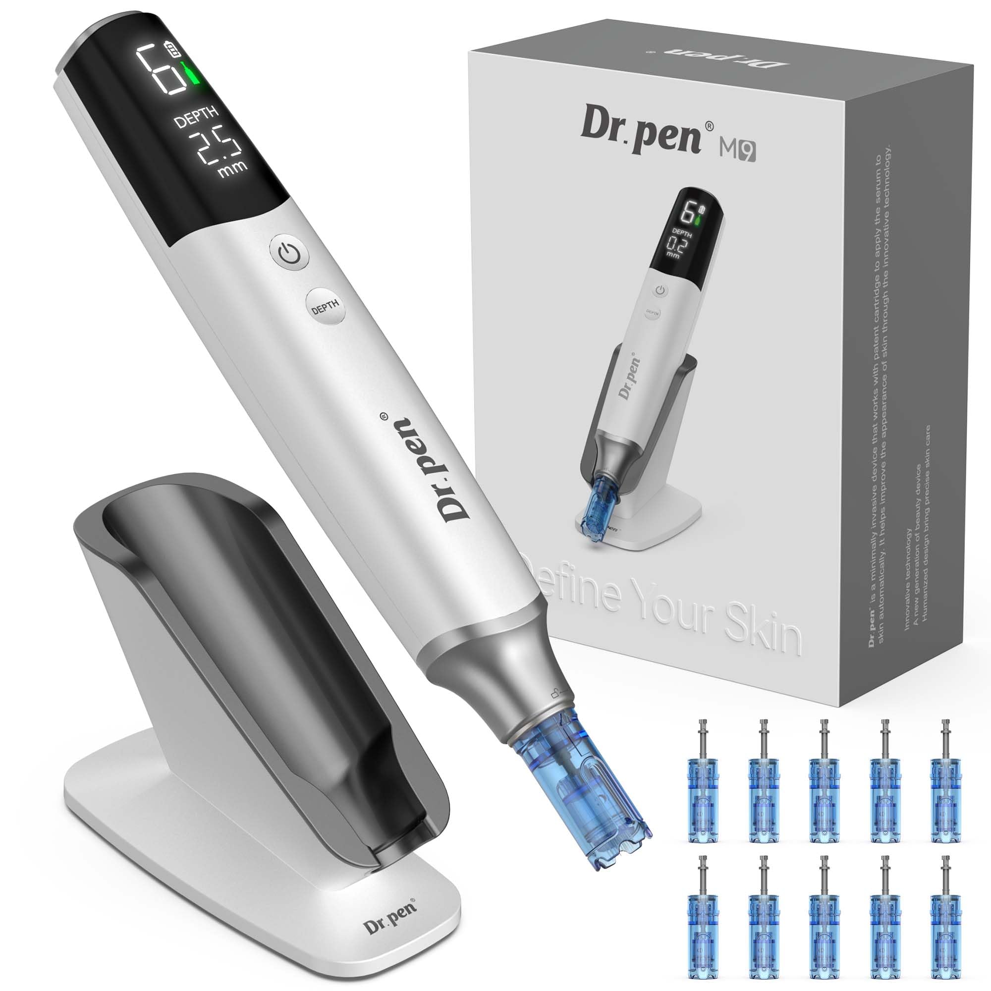 Dr. pen M9 Stylo Microneedling avec 10 Cartouches, Nouveau Modèle 2026, 6 Niveaux et Affichage LED Dermapen avec Base de Rangement, pour Visage Corps Cheveux Barbe Croissance