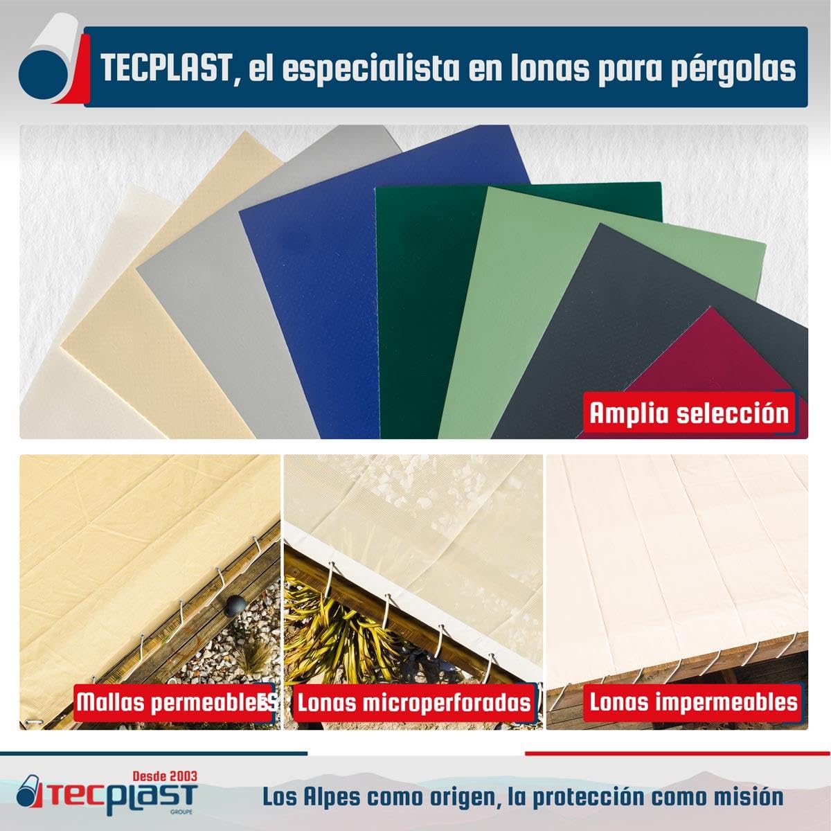 Lona para Pérgola Blanco Crema 3,5x3,5 m - Garantía de 8 años TECPLAST - LP640PR - Lona de PVC Impermeable para pérgola, cenador y terraza
