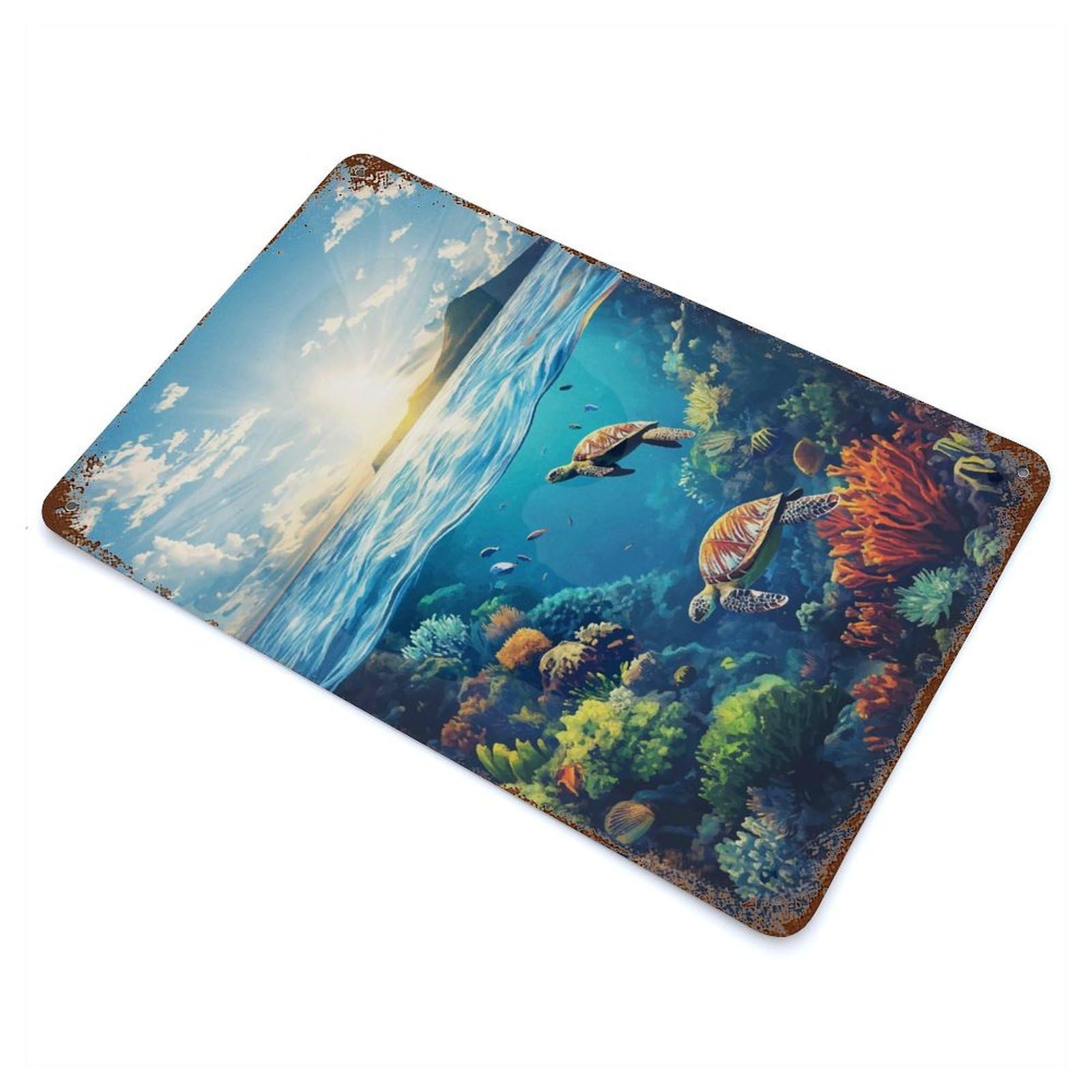 Decorative Tin Sign with Sea Turtles And Coral Reef Design 11.8"x7.9", for Basement, Hobby Room And Garage Decor, Rustic Home Decor