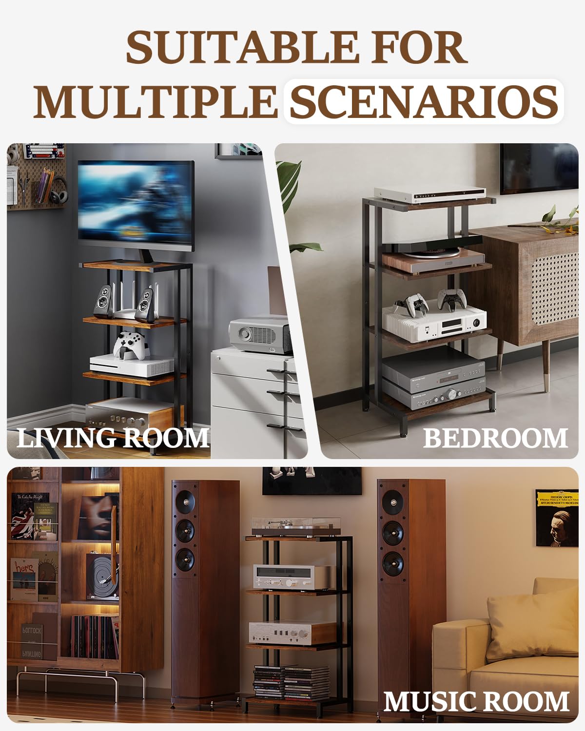 4-poziomowa półka HiFi, półka z drewna i żelaza na gramofony, instalacje audio, systemy stereo, nadaje się do salonu i gabinetu 28D x 42W x 81H cm, kolor czarny/brązowy