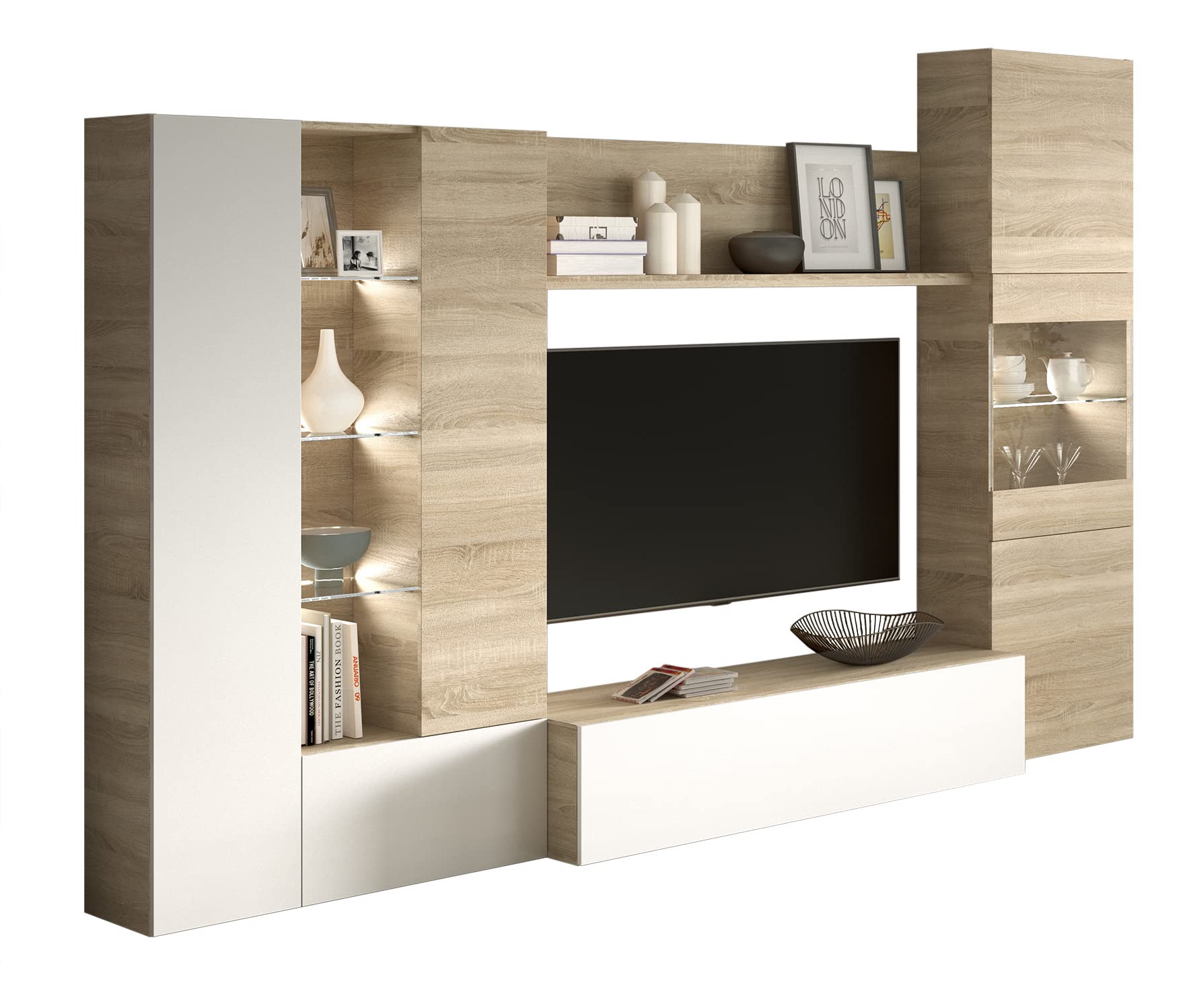 Habitdesign Salón Compacto 260, Mueble televisión, Modelo Essential, Acabado Roble Canadian y Blanco Brillo, Medidas: 185 cm (Alto) x 260 cm (Ancho) x 42 cm (Fondo)