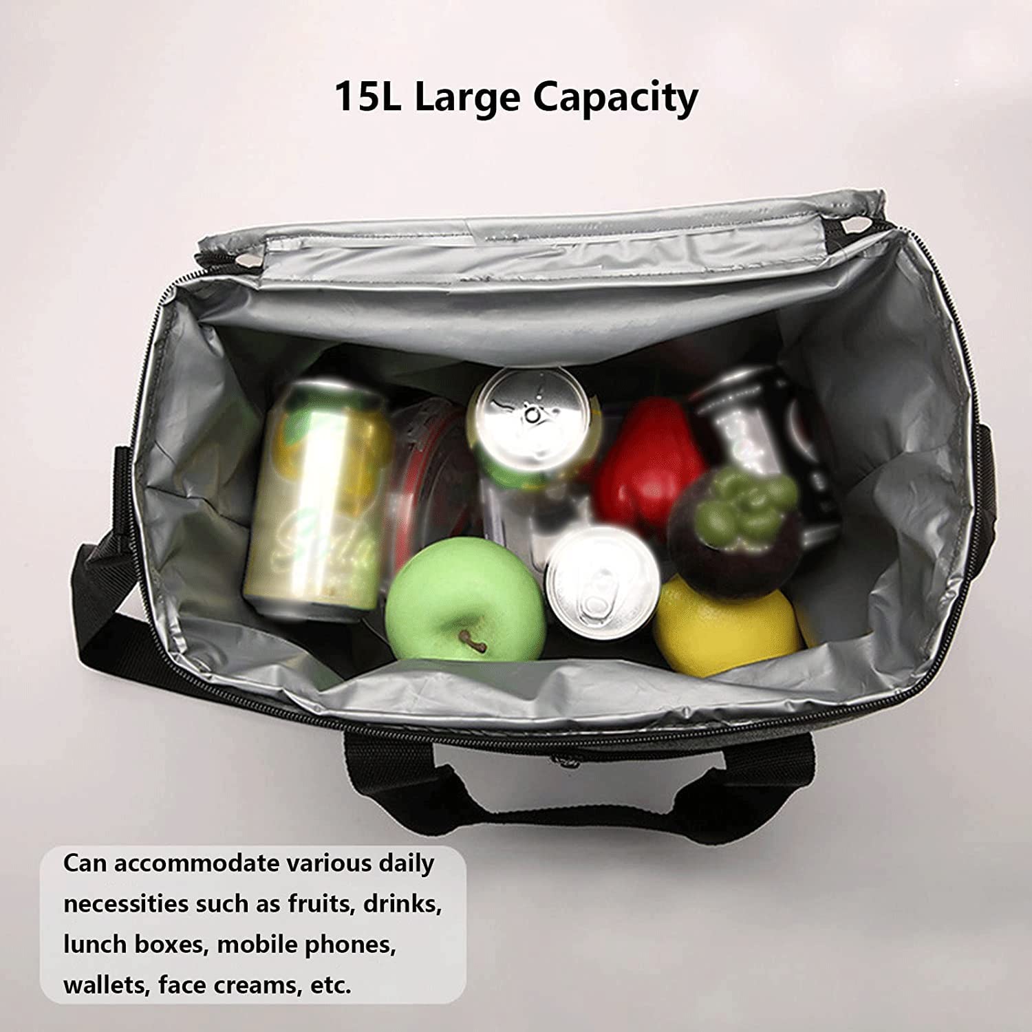 Bolsa de almuerzo plegable con aislamiento, ligera, portátil, bolsa de almuerzo reutilizable con correa ajustable para el hombro, 2 bolsillos laterales de malla para viajes de camping en la playa