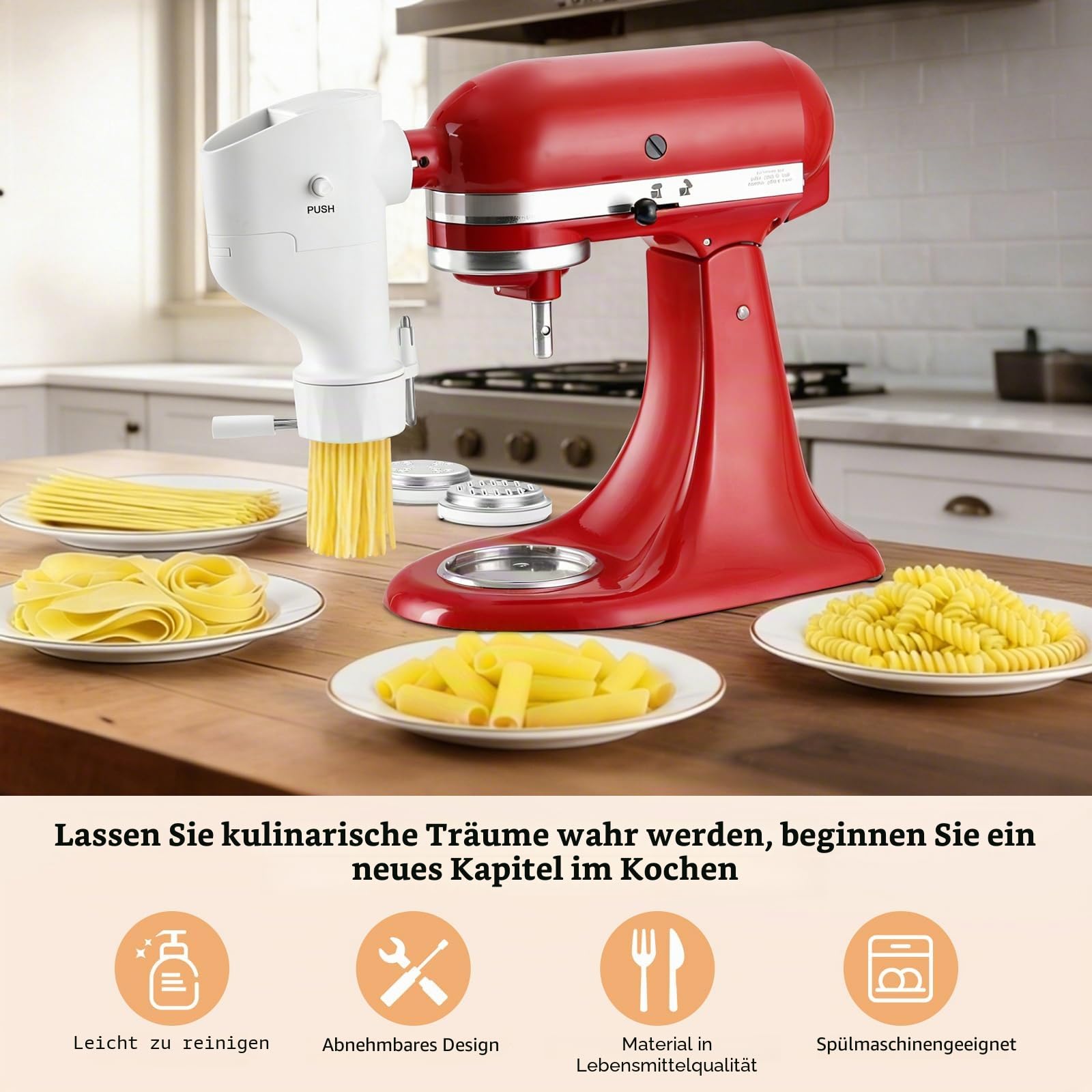 Gourmet Pasta Maker Aufsatz für KitchenAid Standmixer | 7 austauschbare Nudelplatten, für Spaghetti, Fusilli, Makkaroni, Bucatini und Rigatoni, Nudelpresse im neuen Buckle Design