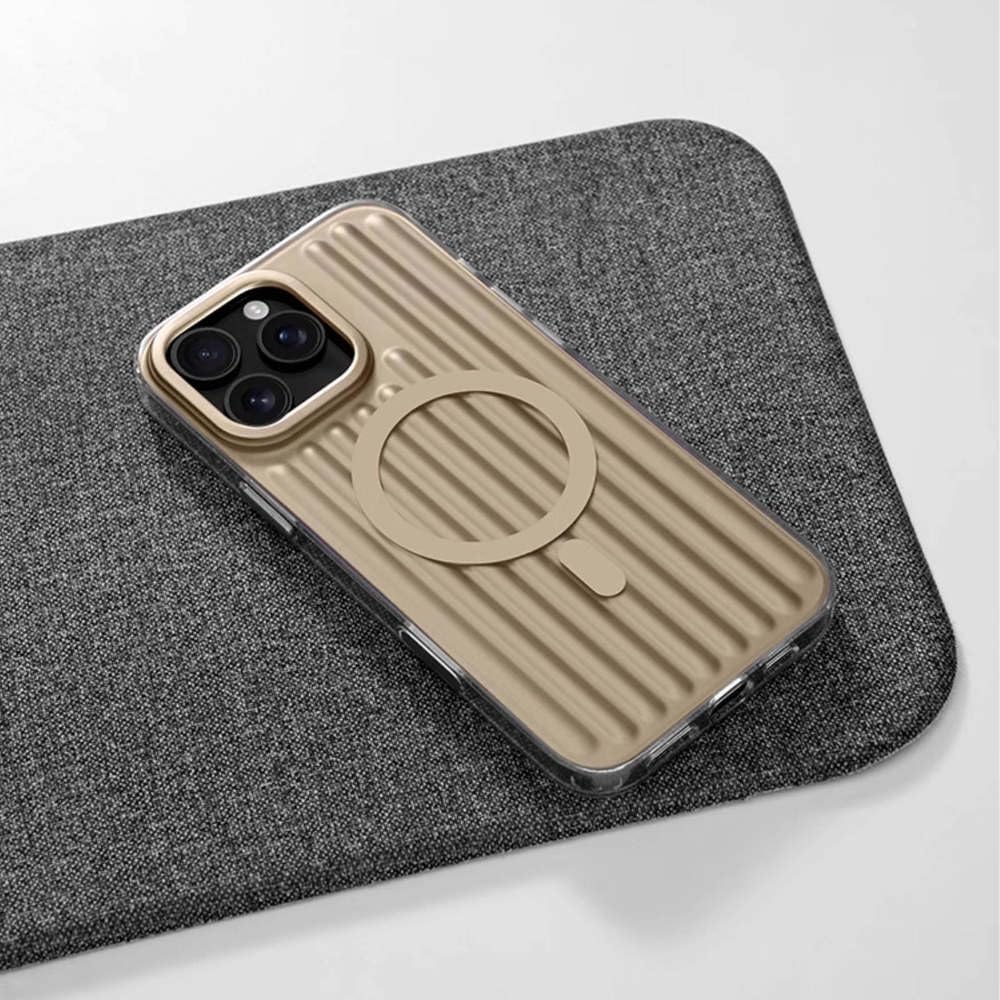 Custodia a cuscino d'aria con ventosa magnetica a strisce metalliche compatibile con iPhone 16, 15, 14 e 13 Pro Max, color oro deserto, per iPhone 15 Pro Max