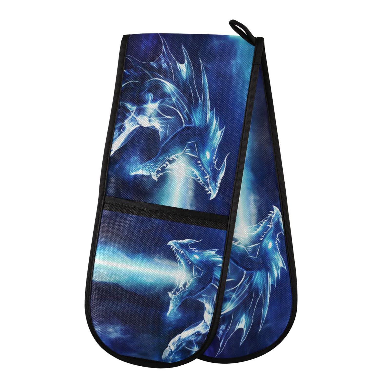 Double Oven Glove Fantasy Dragon Heat Resistant Double Ovens Mitt Modern Cooking Gloves Potholders