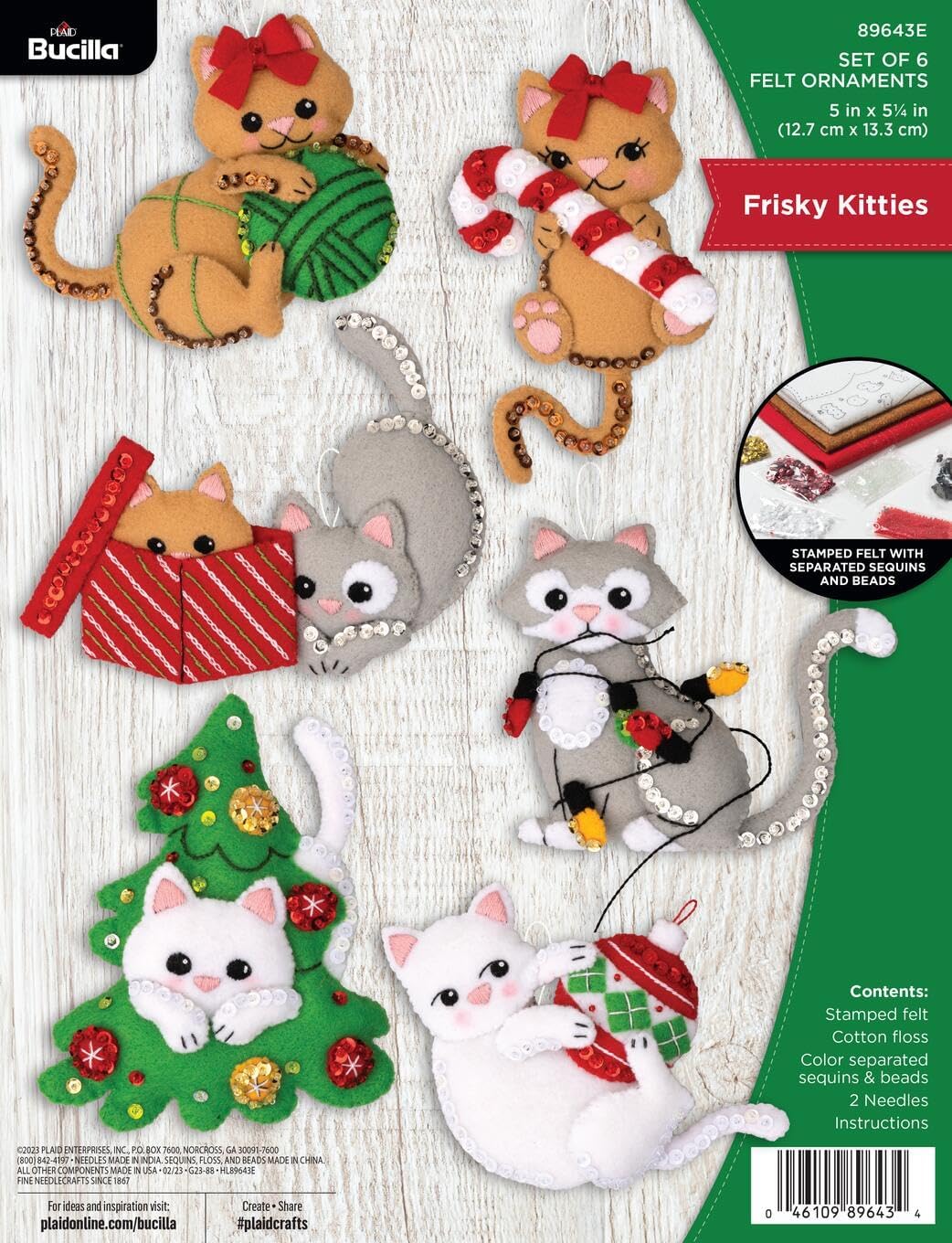 Felt Applique 6 Piece Ornament Making Kit, Frisky Kitties, Perfect for Holiday DIY Arts and Crafts, 89643E