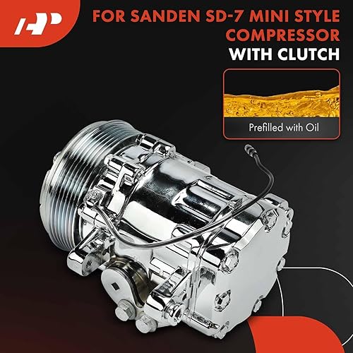 Miniatura 4 de A-Premium Ajuste para Sanden SD-7 Mini 6PK Estilo, Compresor Universal AC con embrague, correa serpentina de 6 ranuras, carcasa de aluminio cromado