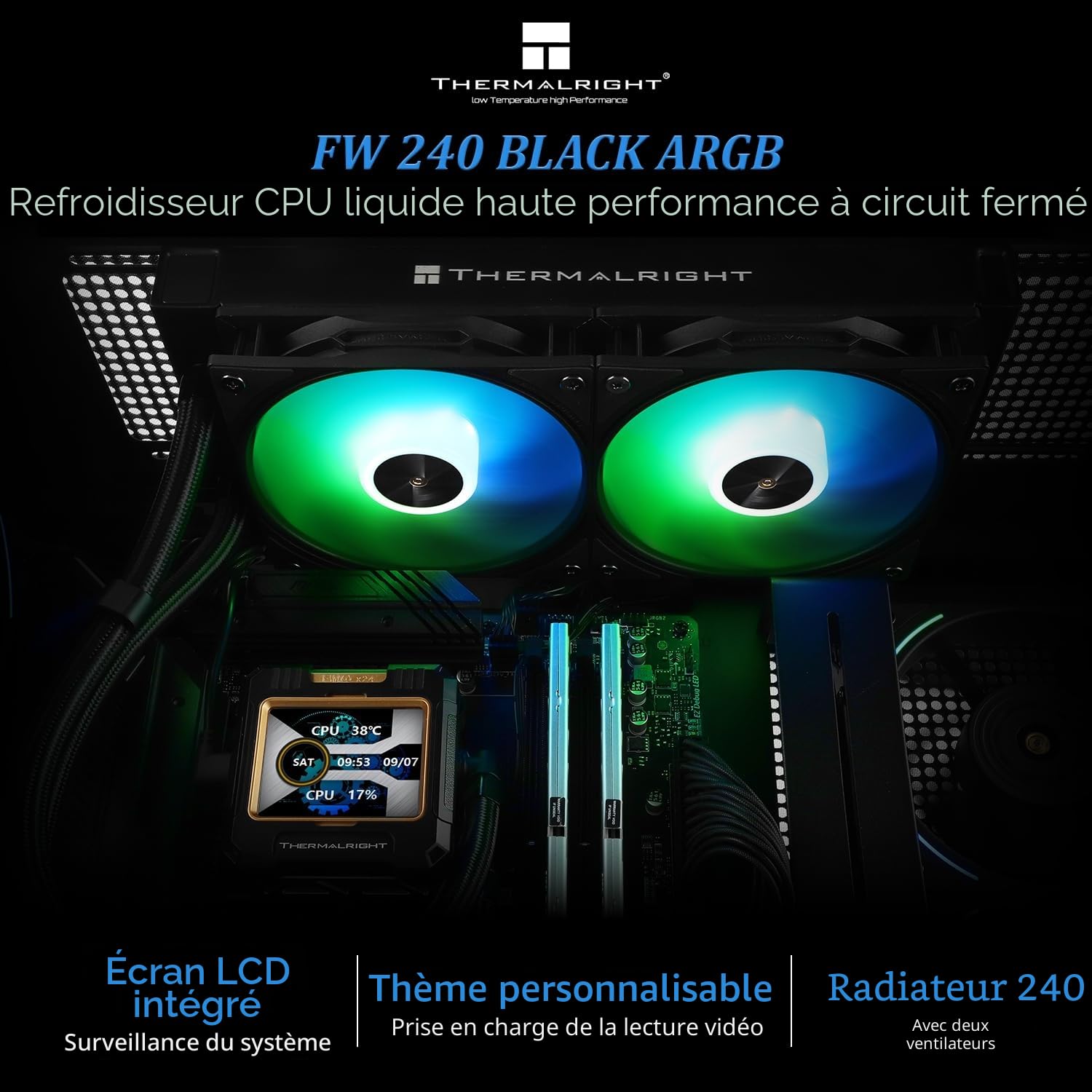 Thermalright FW 240 Noir ARGB Refroidisseur à Eau pour Processeur avec 2 Ventilateurs PWM, Écran LCD IPS 320 x 240, Compatible AMD/Intel PC Aio