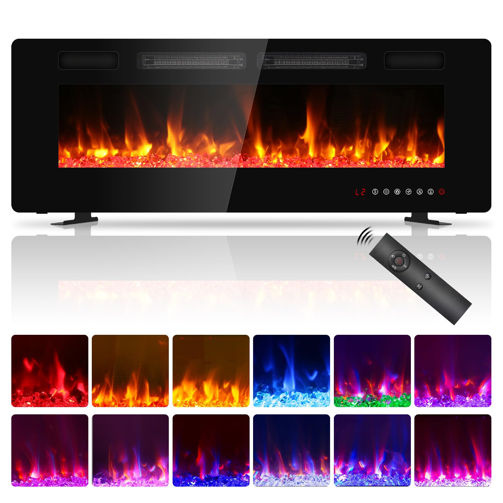 Quiniver 50" Slim Electric Fire Freestanding Wall Mount Fireplace Heater