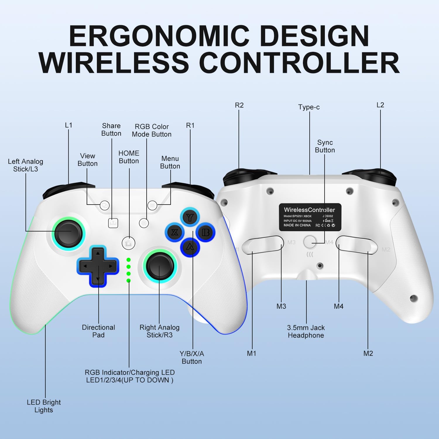 SWCTIM Xbox Controller Wireless für Xbox One, Xbox Series X/S, Xbox One X/S,2.4GHz RGB LED Licht Wireless Controller mit 3.5mm Kopfhörerbuchse,Weiß
