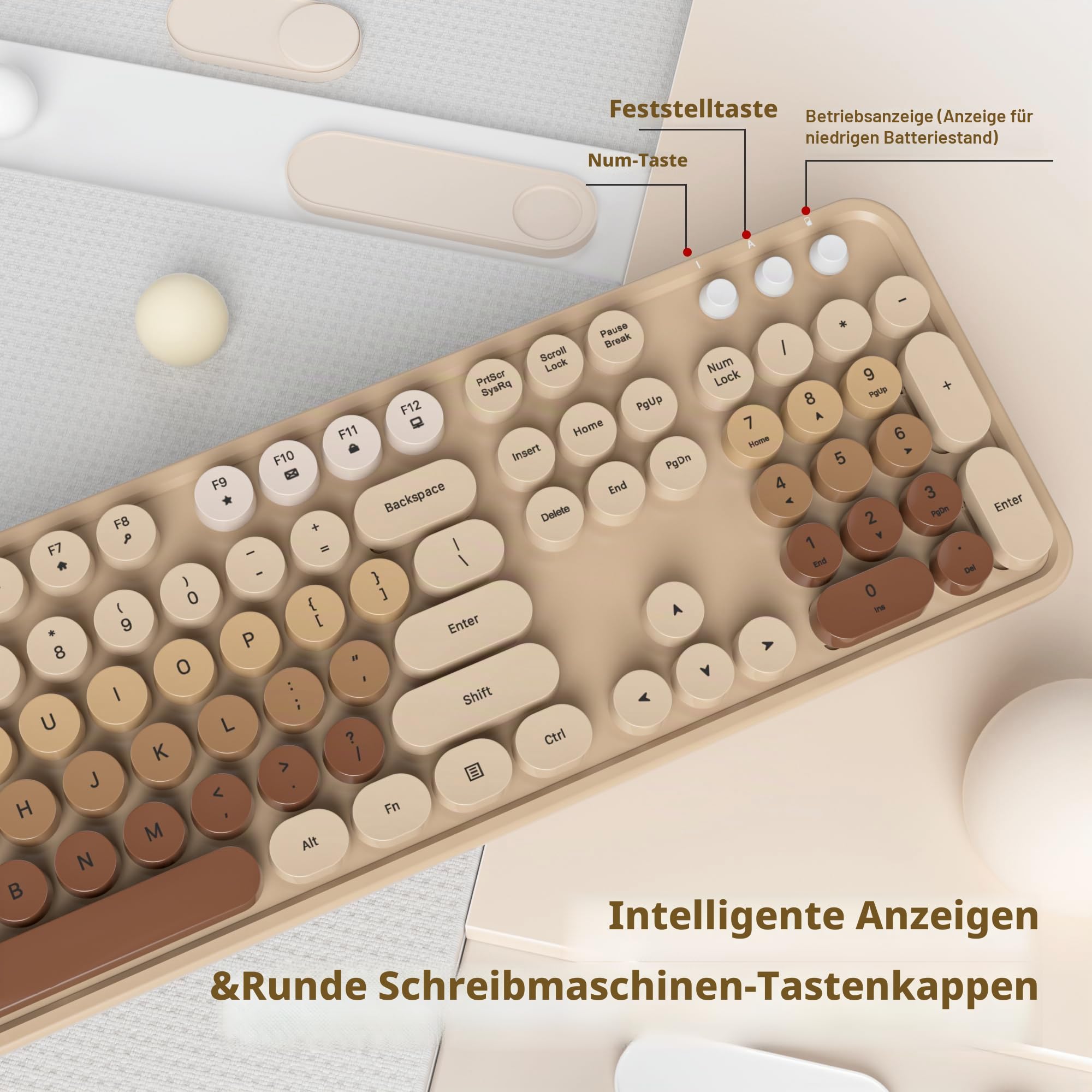 SOLIDEE kabellose Tastatur- und Maus-Kombination,Retro-Schreibmaschinen-Tastatur,2.4GHz runde Tastenkappe Tastatur mit Ziffernblock,104 Tasten ergonomische(Amerikanisch QWERTY)(Mixed Coffee)