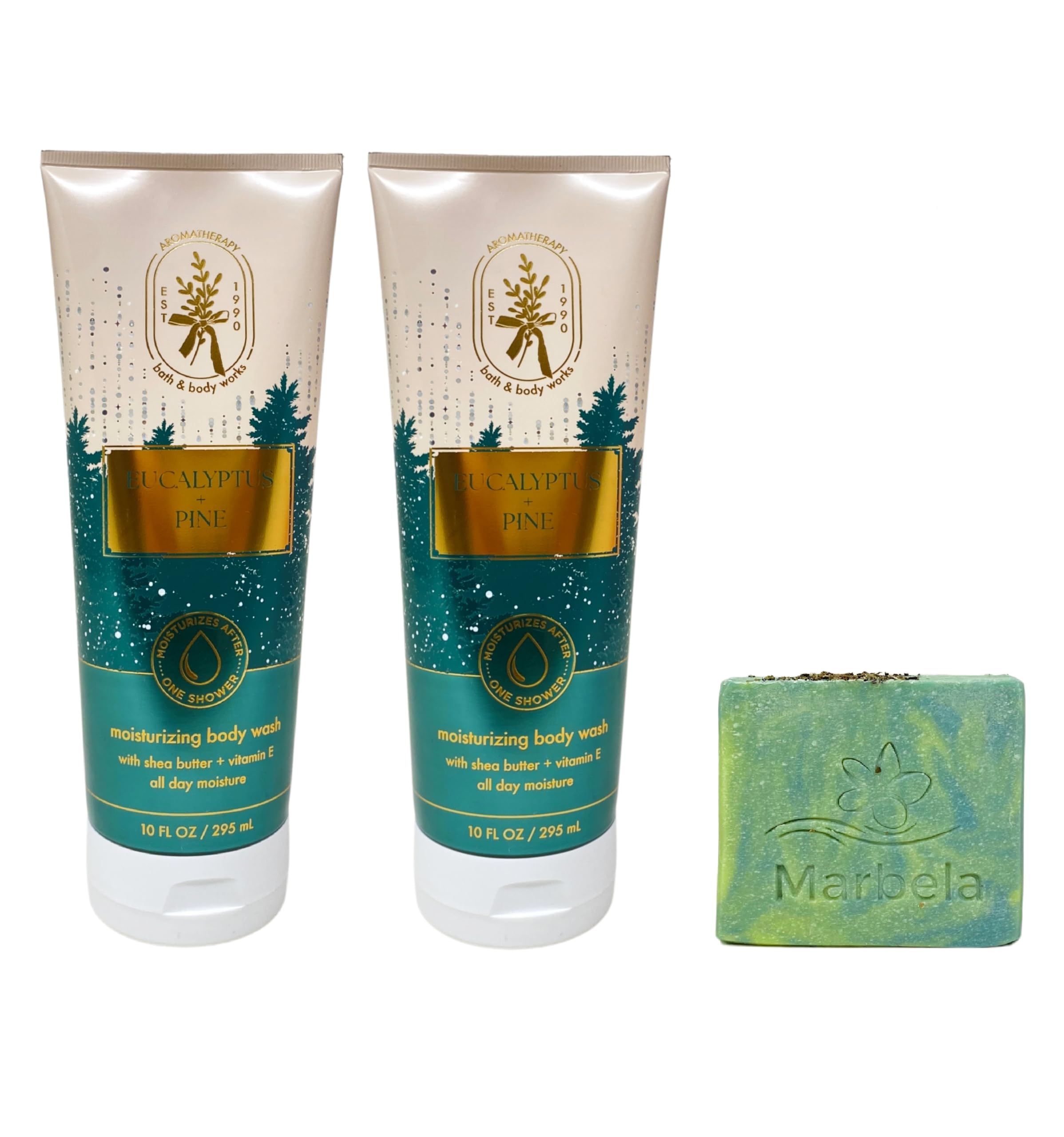 Bath Body Works Aromatherapy Eucalyptus Pine - 2 Moisturizing Body Wash with a Fresh Forest Bar Soap