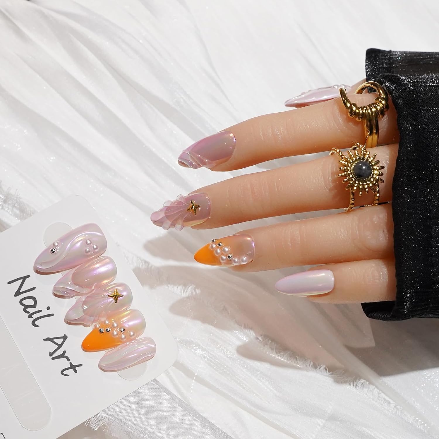10pcs Handmade Press on Nails Medium Almond 3D Flowers Chrome Shell Ocean Jelly French Tip Thick Reusable Fake Nails,Trendy Tropical Y2K Aesthetic Accessories (L, chrome shell)