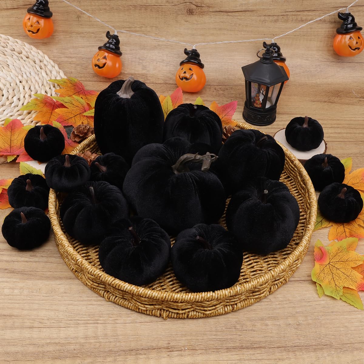 16pcs nero Halloween Faux velluto zucche decorative set Halloween falso schiuma zucca Ringraziamento cucina decorazione autunno chiesa decorazione