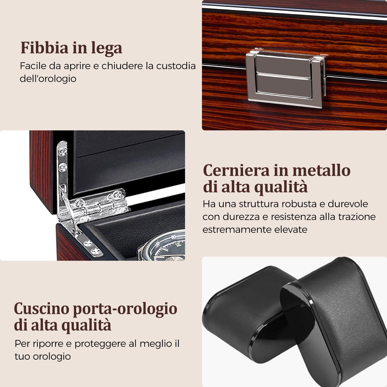 BEWISHOME Scatola per orologi da uomo, custodia per orologi di lusso, parte superiore in vero vetro, interno in ecopelle liscia, organizer per orologi a 6 fessure, marrone SSH06Y