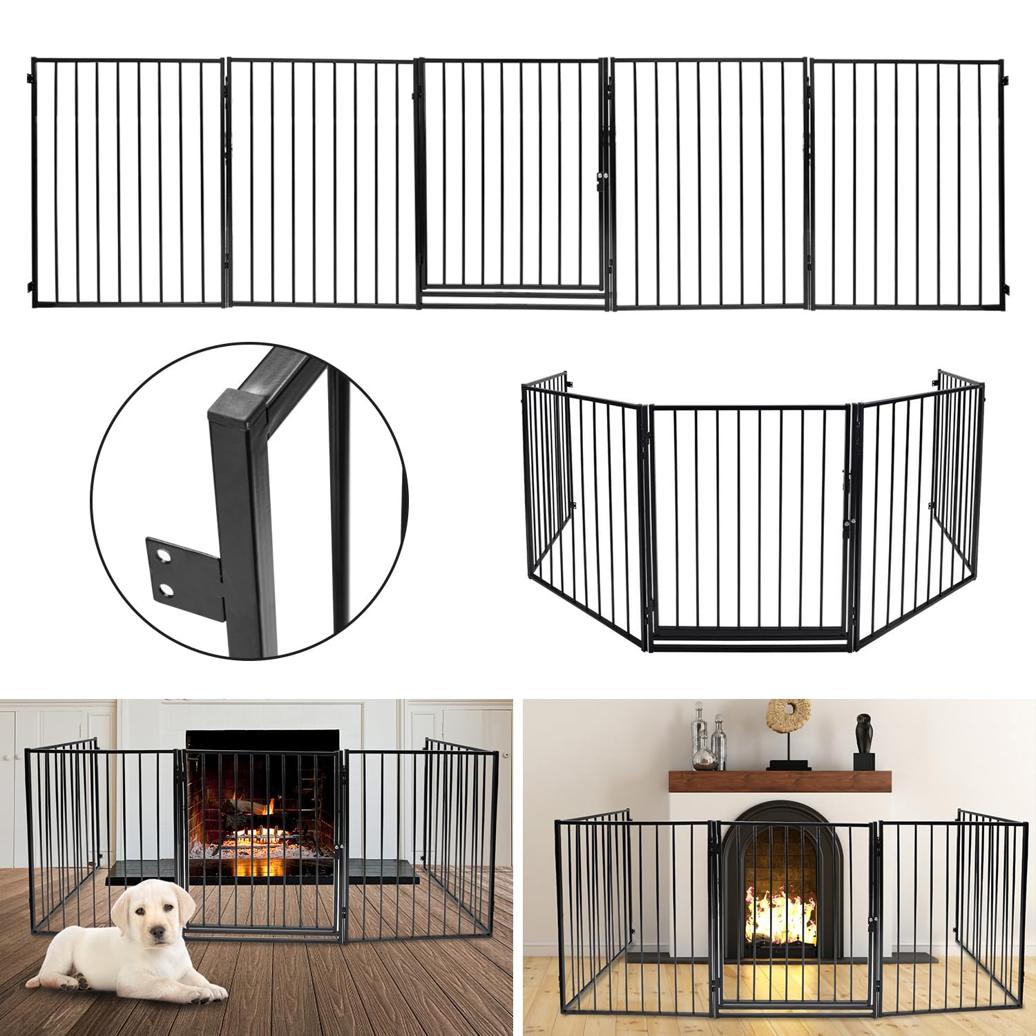 Kaminschutzgitter mit Tür Metall 304 cm | Kamingitter Absperrgitter faltbar | Tierschutzgitter | Türschutzgitter für Kinder-Sicherung | 5-teilig Elemente (je 60 x 76 cm) Schwarz
