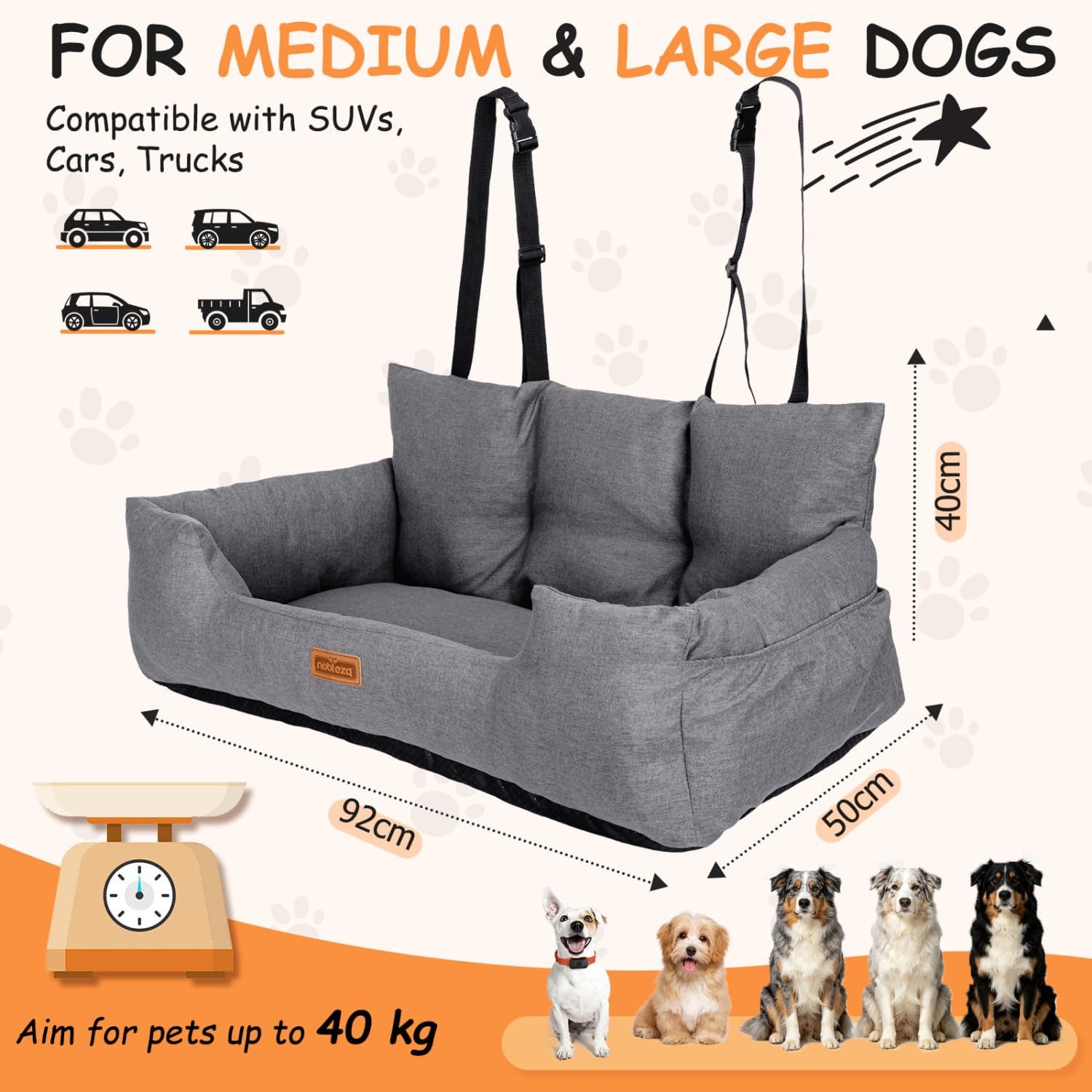 Nobleza Asiento de Coche para Perros Medianos a Grandes, Cinturón de Seguridad Estable,Bolsillos de Almacenamiento, Adecuado para Perros Medianos y Grandes, L92*W50*H40cm, Gris