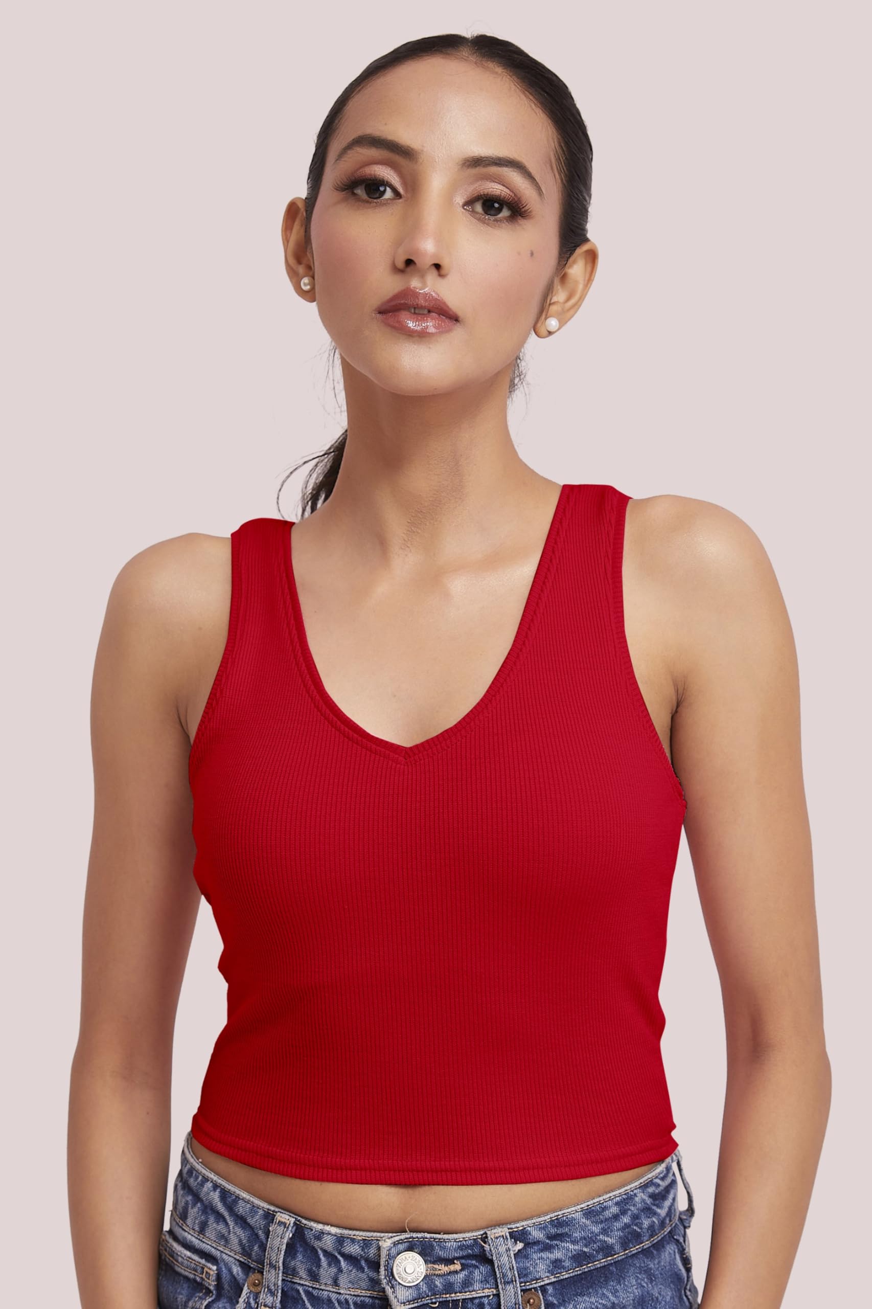 BERRY BIRD® Sleeveless V- Neck Slim Fit Ribbed Knit Tank Crop Tops for Women & Girls Casual Beach and Gym Wear and Western Trendy Fashion Red 2