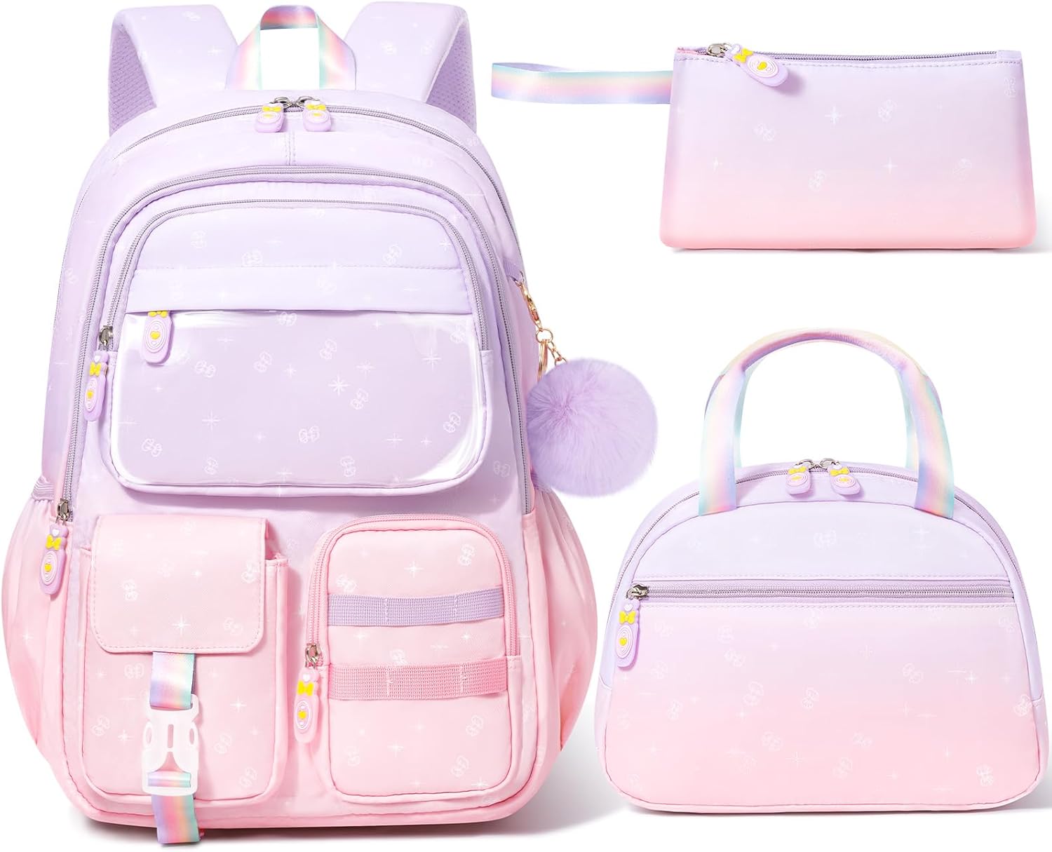 Fimibuke Backpack for Girls, 3 PCS Waterproof Kids Backpack with Lunch Box & Pencil Case, Gradient Backpacks for Teen Girl Kindergarten Elementary Middle High School Student Back to School Bookbag Set