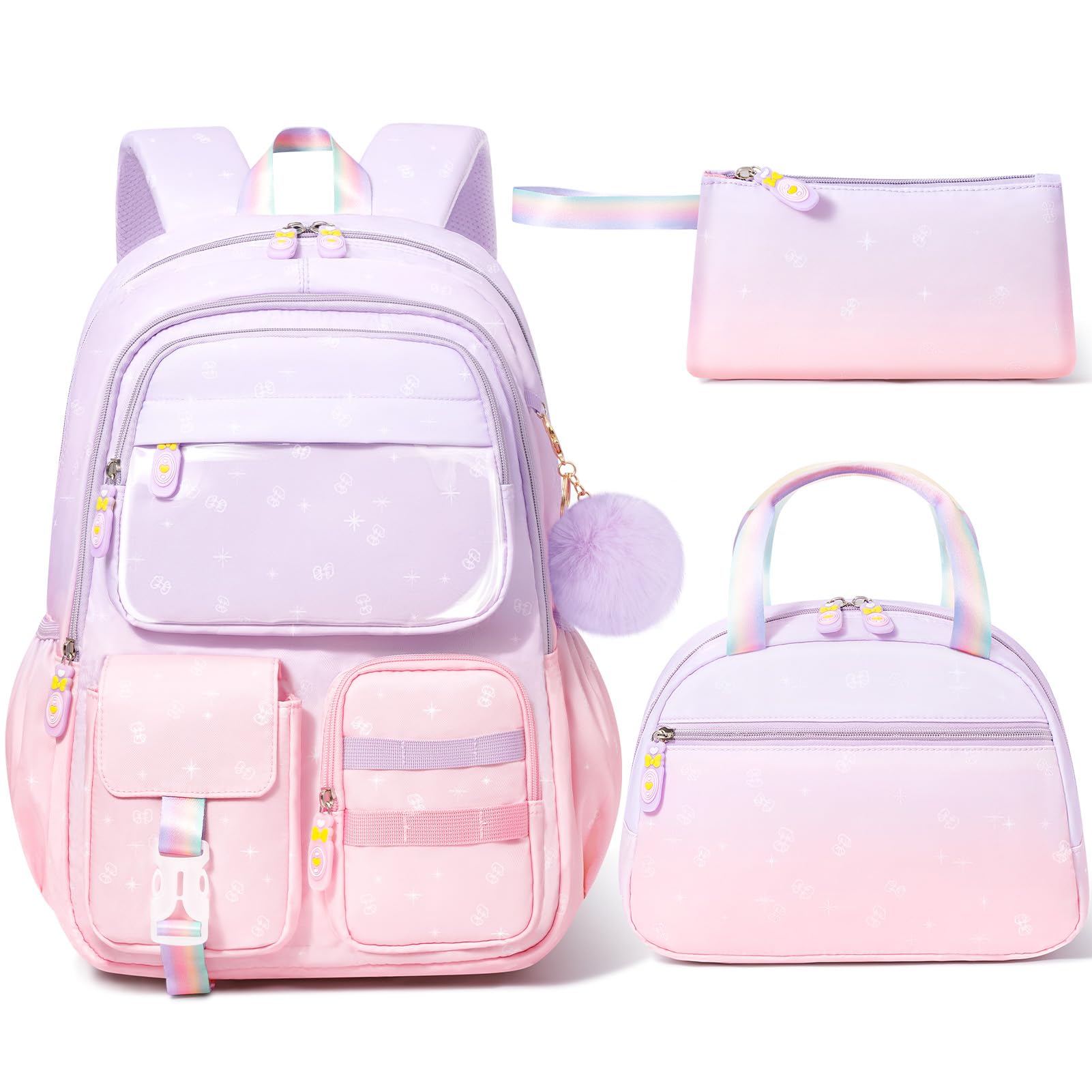 Fimibuke Backpack for Girls 3 PCS Waterproof Kids Backpack with Lunch Box Pencil Case Gradient Backpacks for Teen